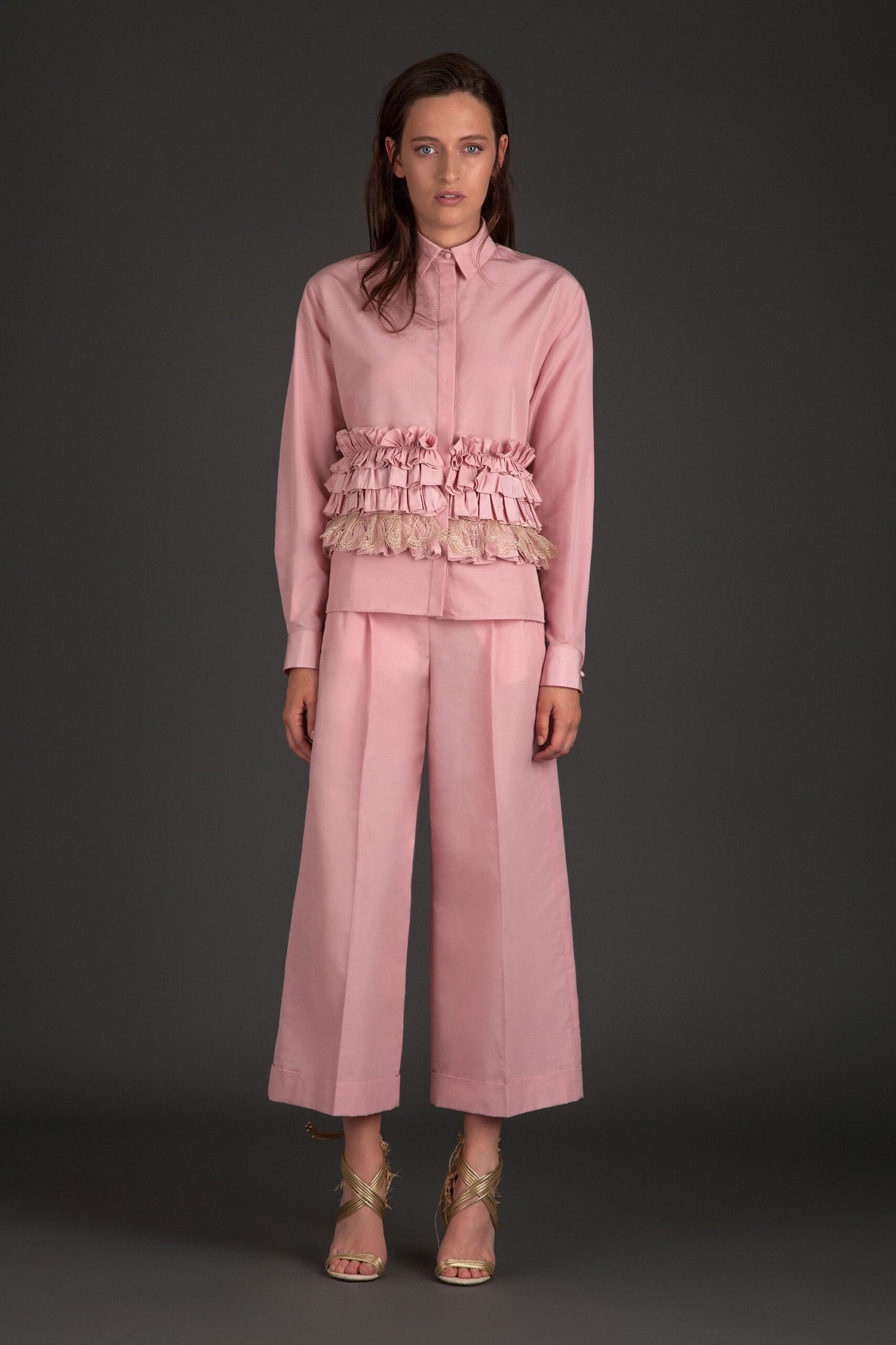 pink silk shirt and pants
