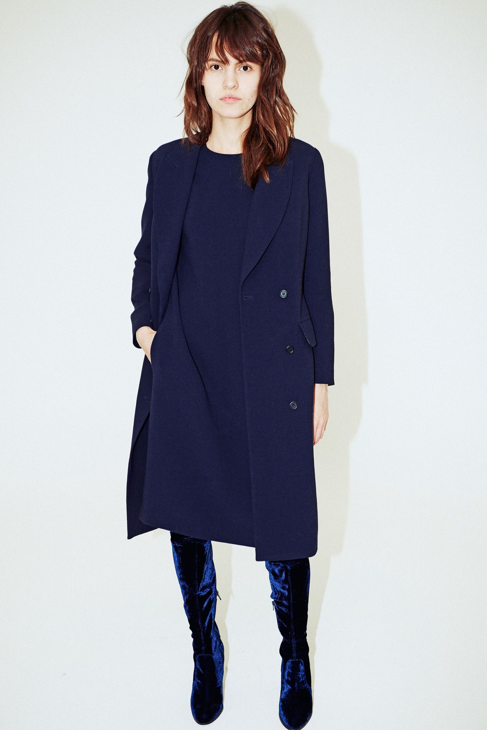 navy wool coat and dress