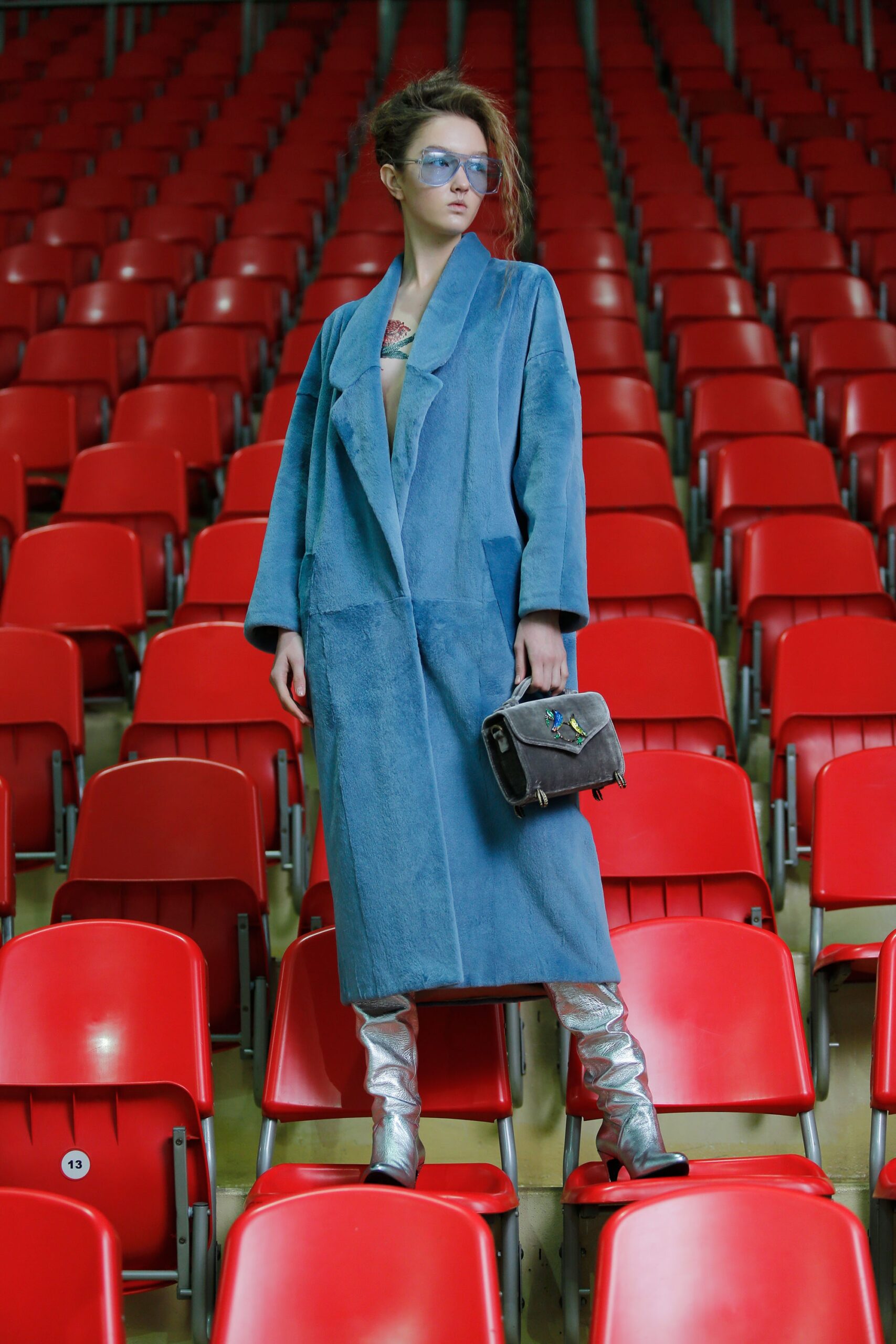 blue suede long-sleeve collared relaxed belted coat