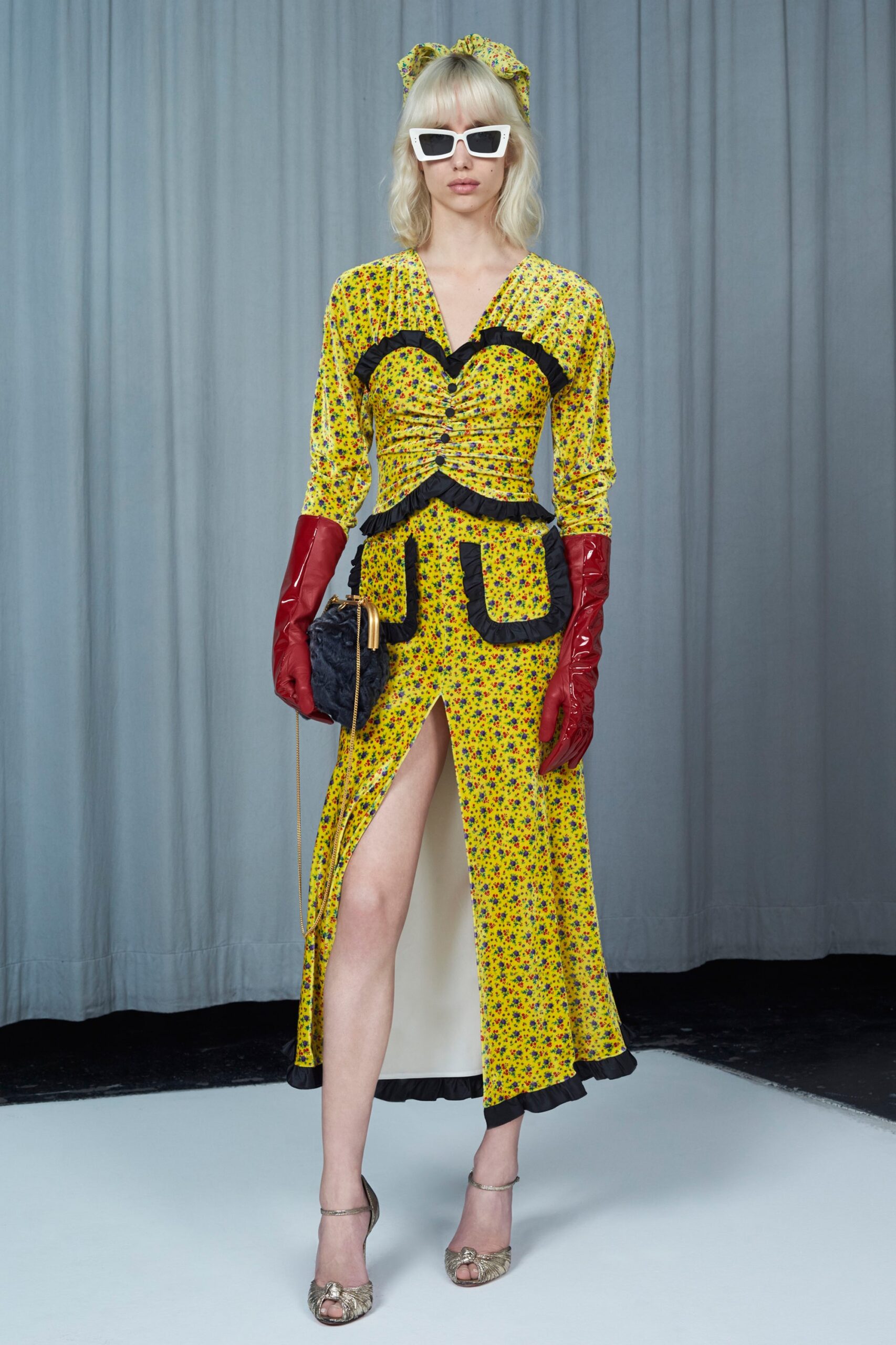 yellow silk long-sleeve v-neck fitted floral tiered dress