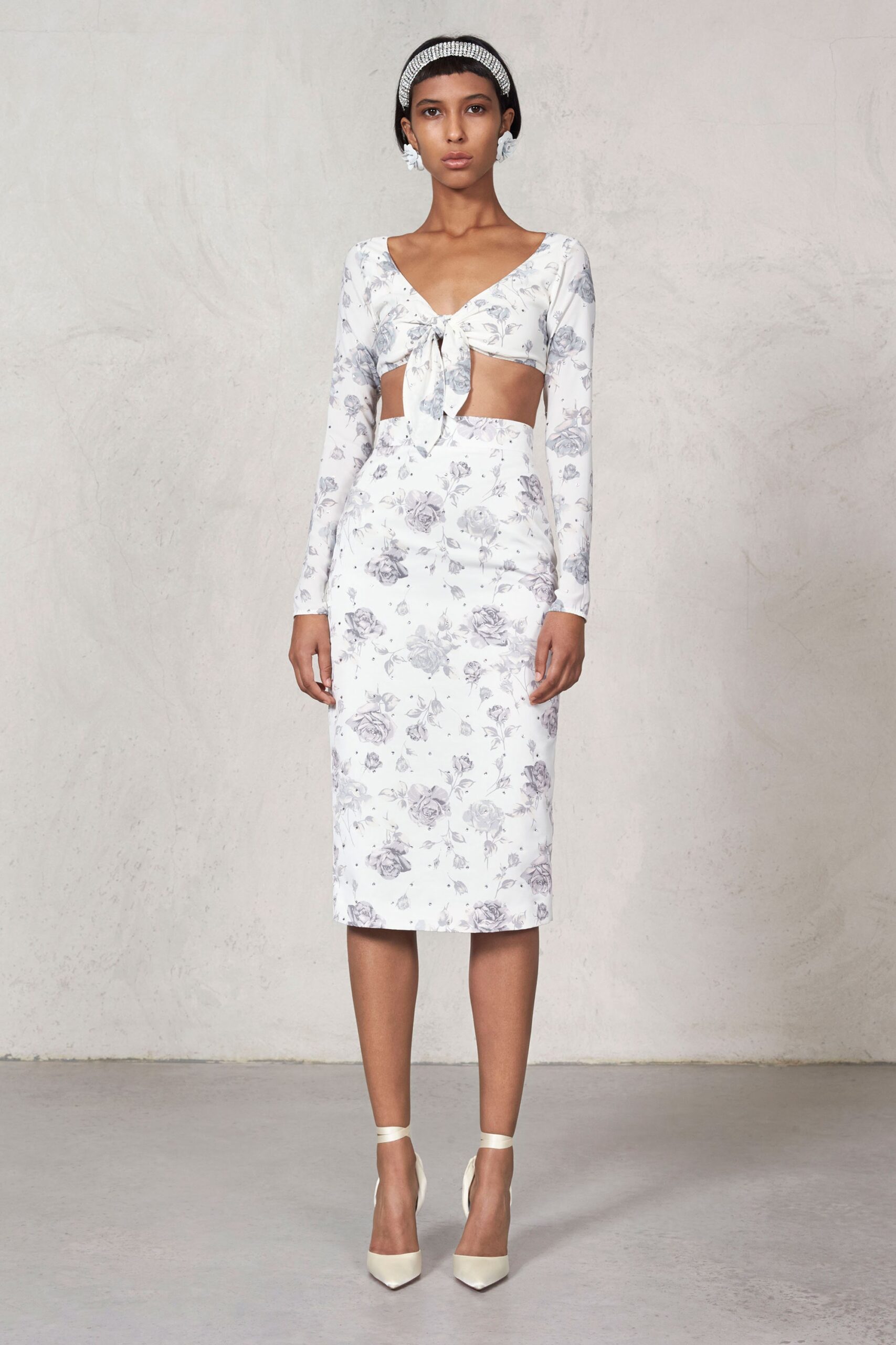 white floral fitted midi dress