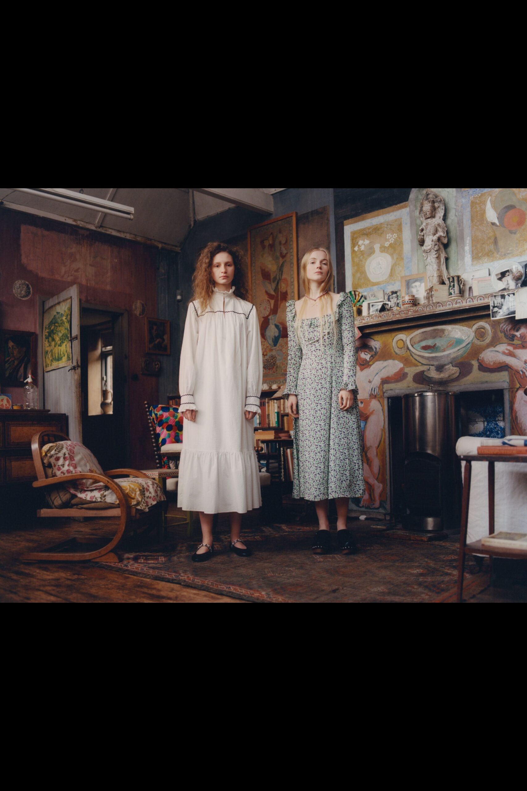 white relaxed cotton dress and multi patterned dress