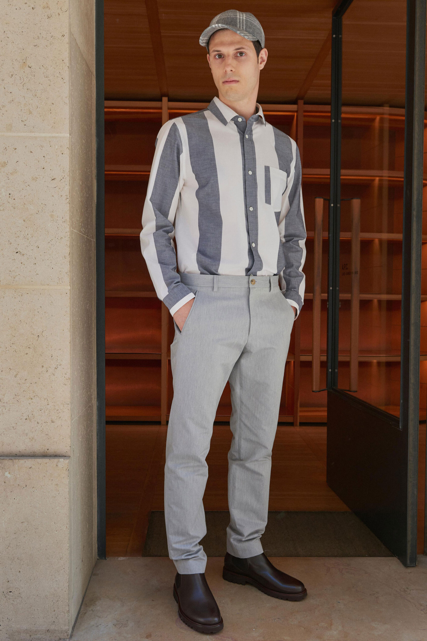 fitted gray striped shirt and pants