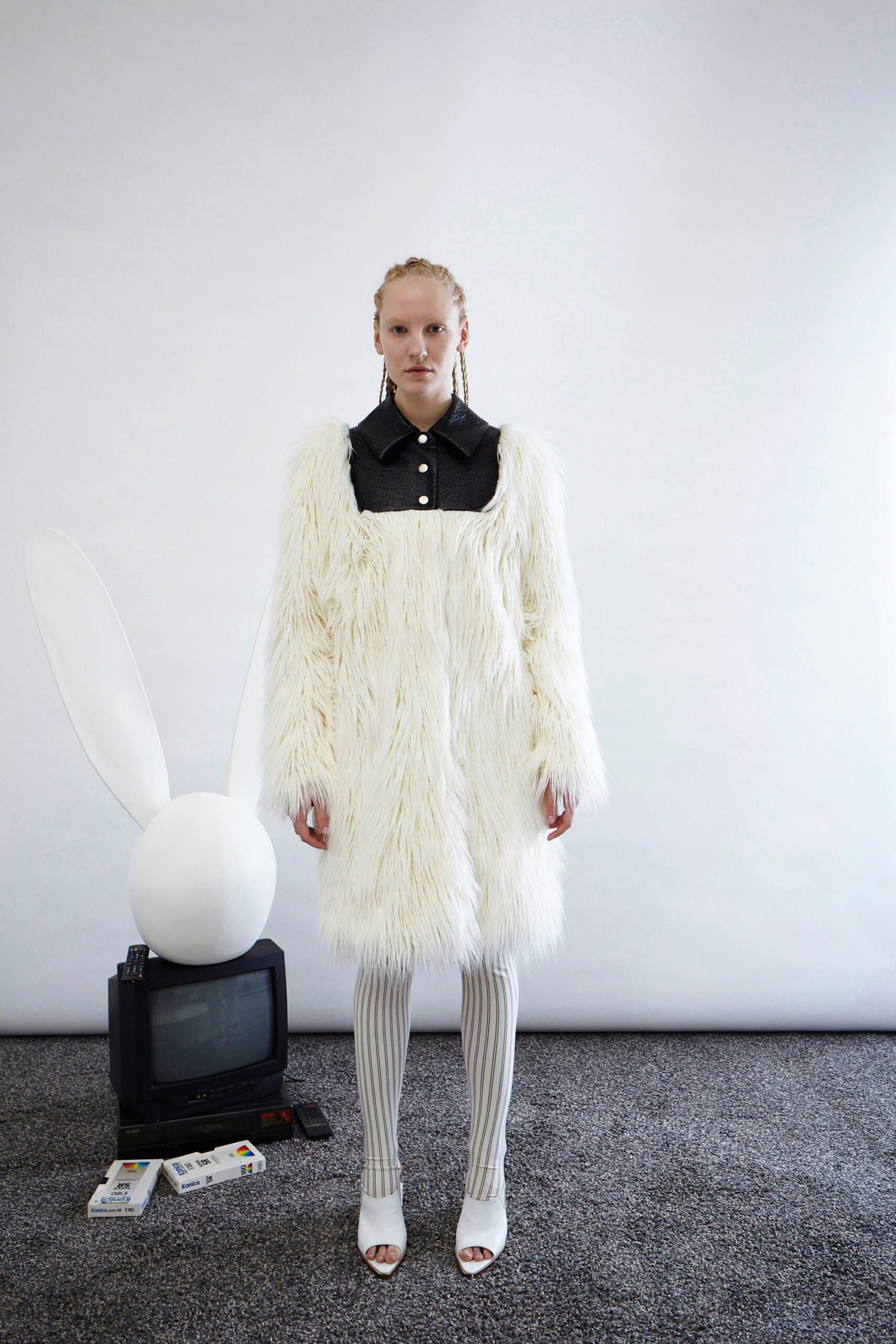 white faux-fur long-sleeve collared relaxed straight-leg short dress