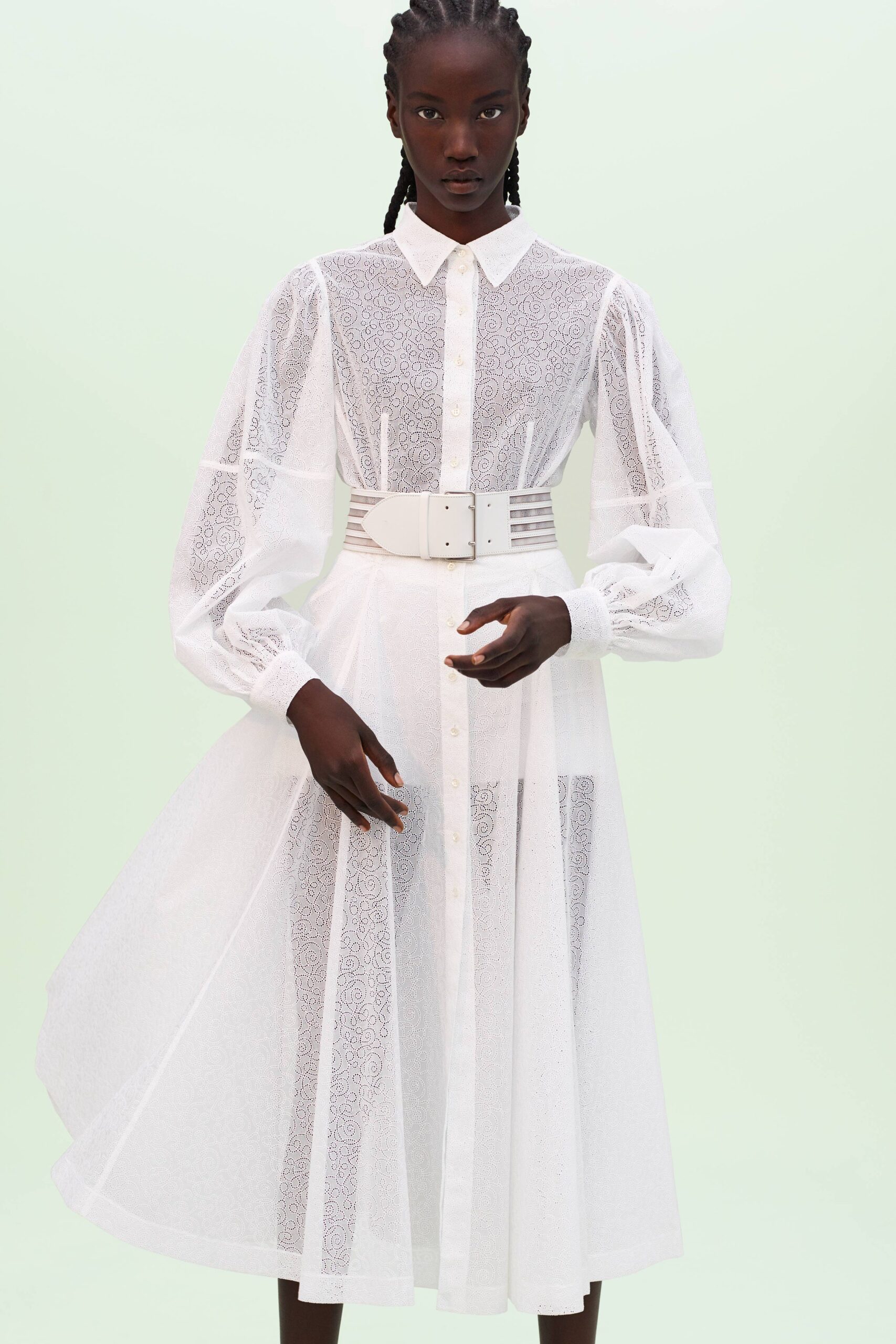 white pleated belted dress