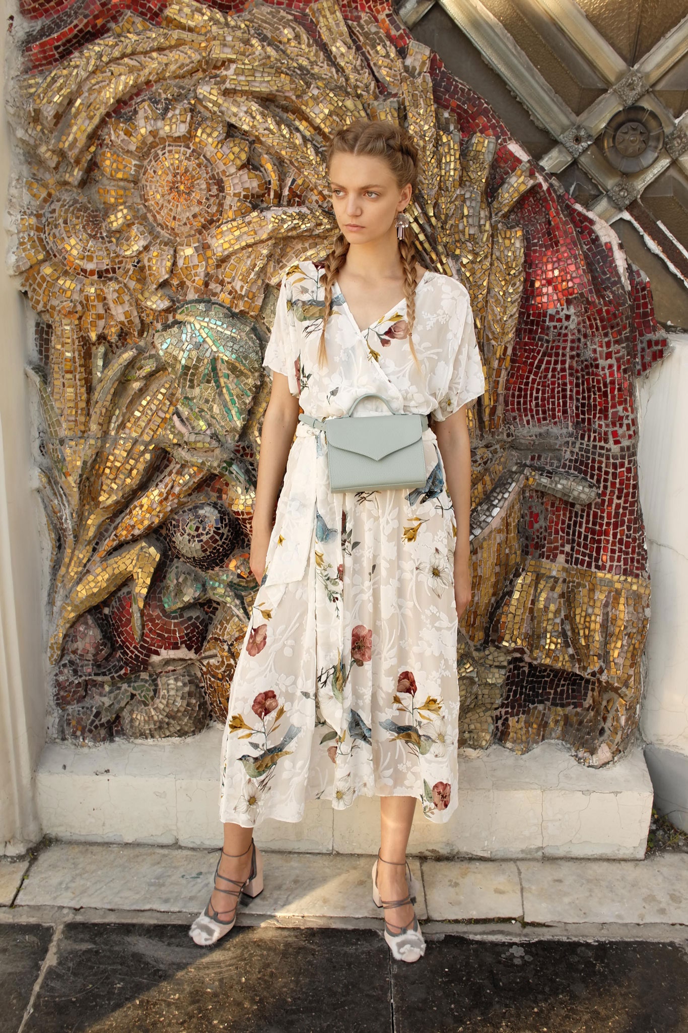 floral midi dress with blue bag