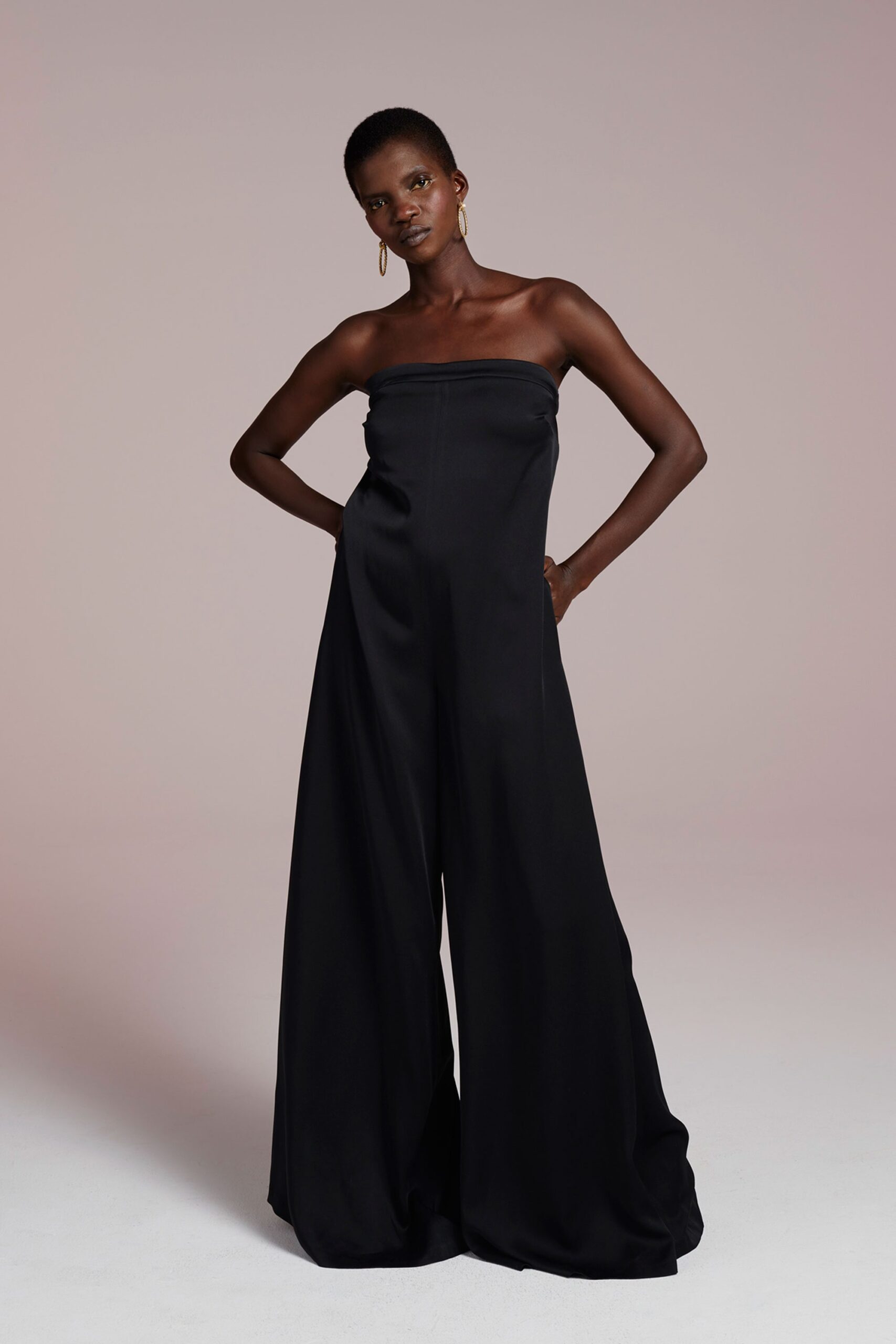 black silk strapless jumpsuit