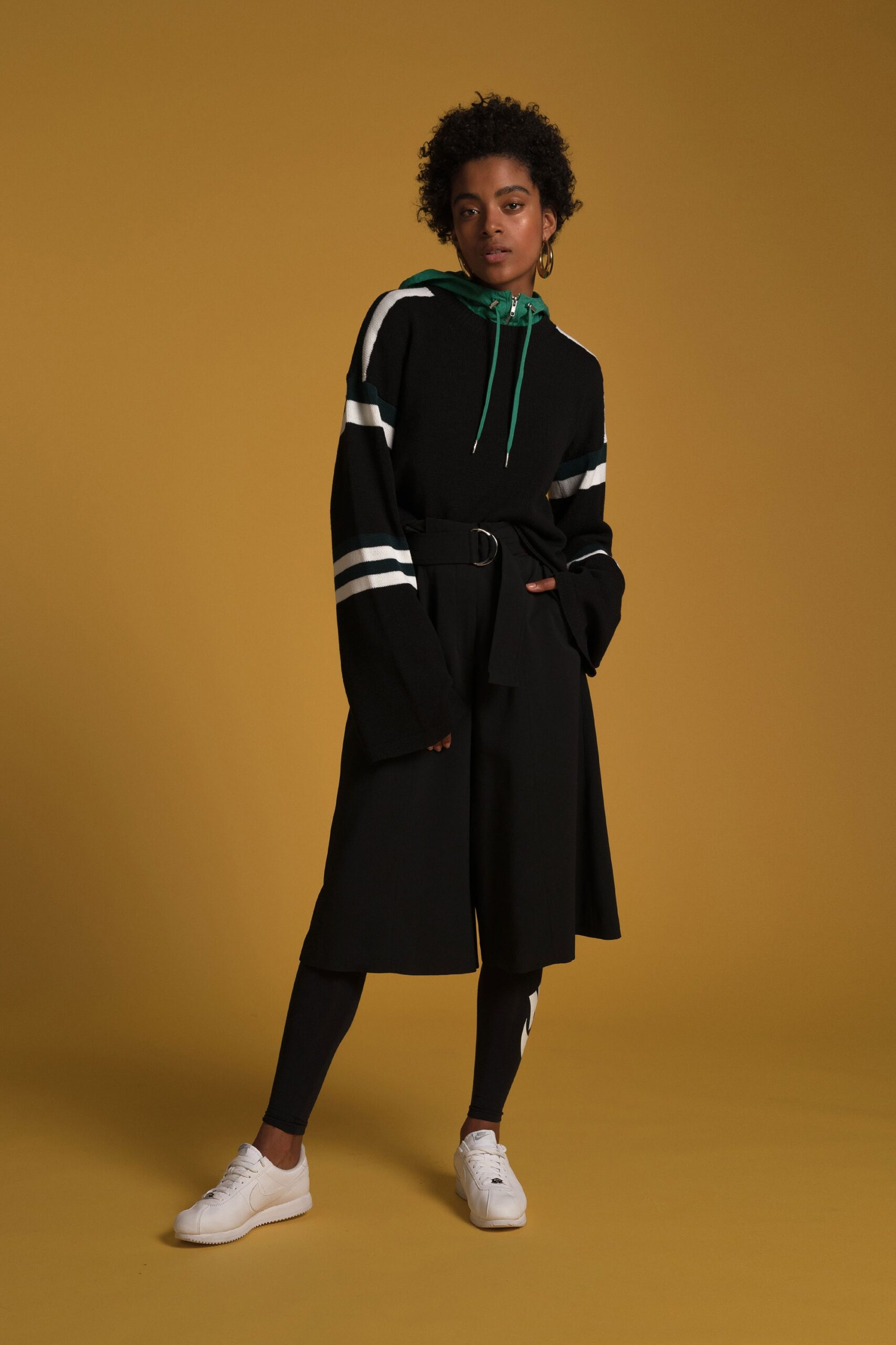 black cotton long-sleeve hooded relaxed striped sweater