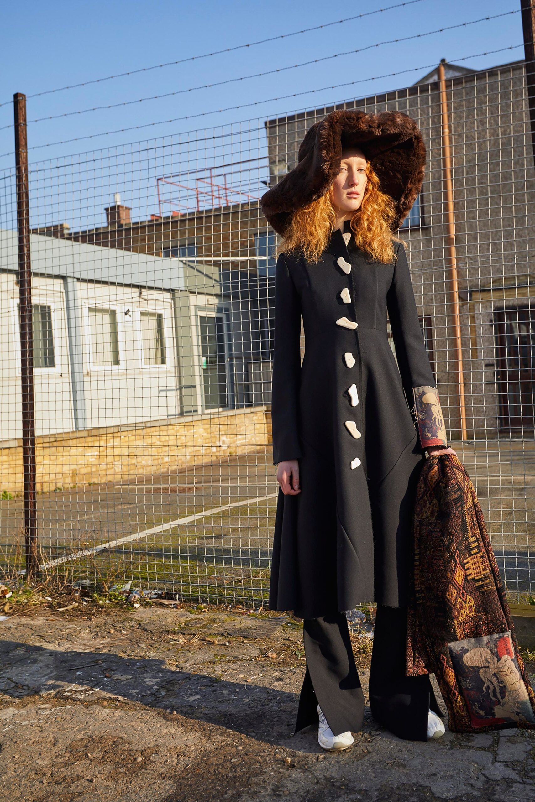 black wool midi coat with hat