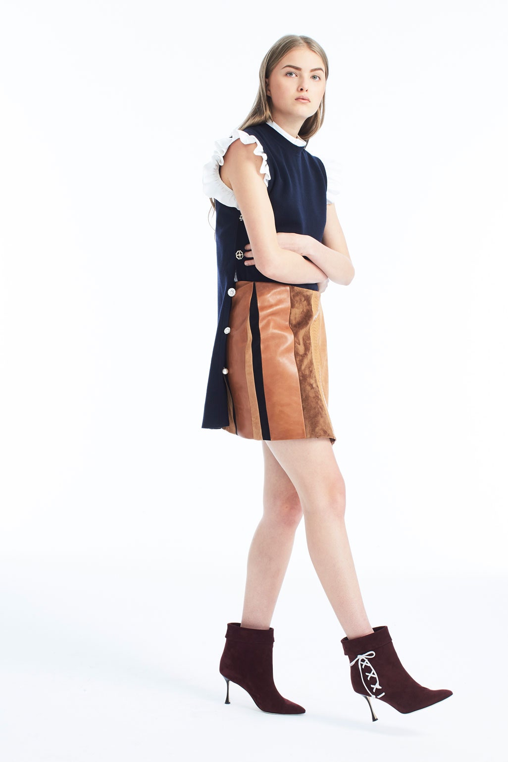 brown suede fitted pencil mini skirt