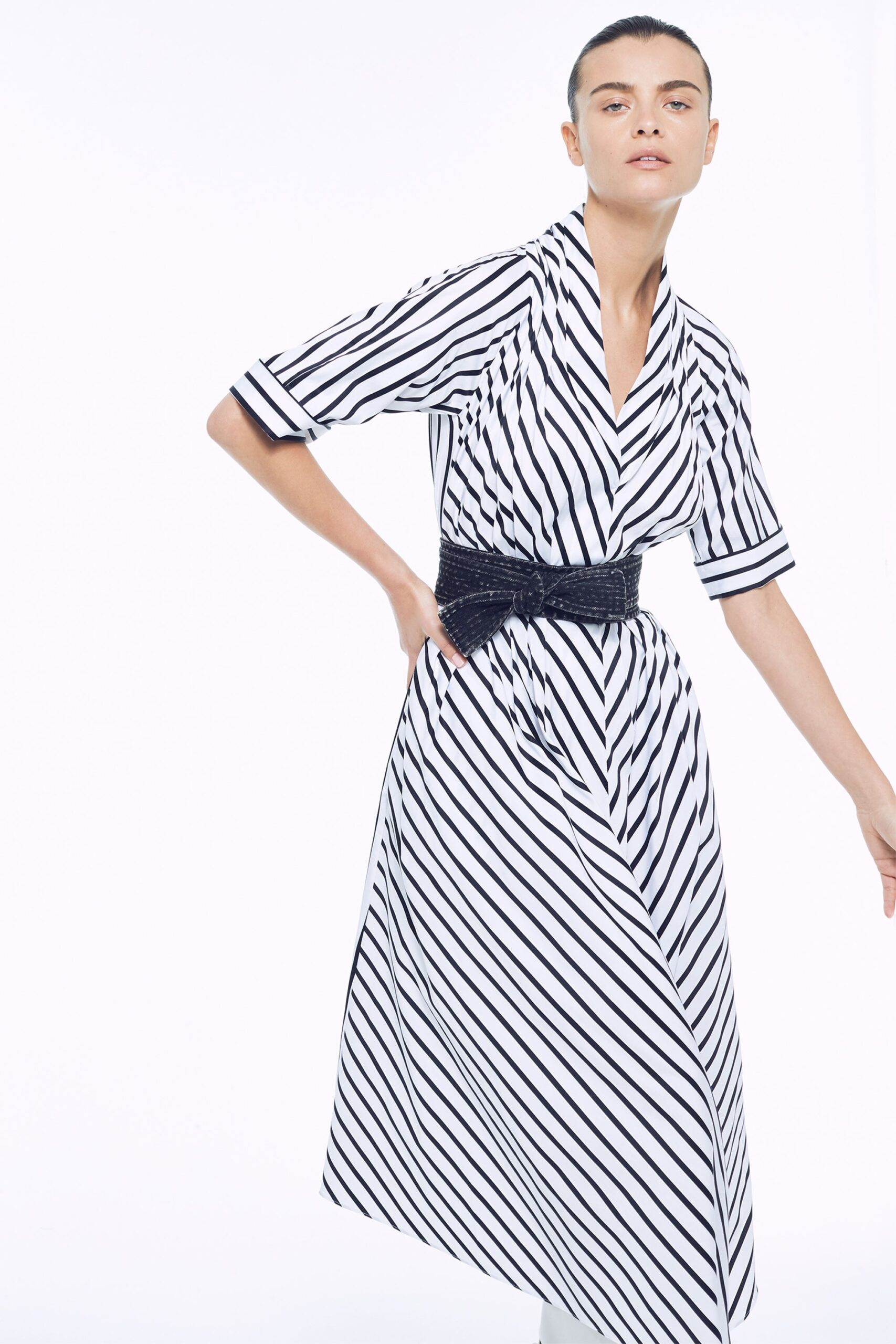 striped belted midi dress