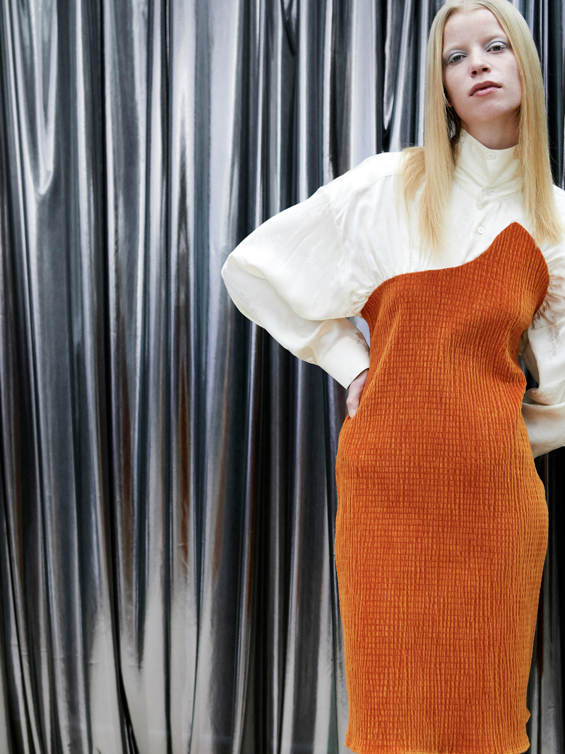 orange cotton sleeveless high-neck fitted straight-leg midi dress