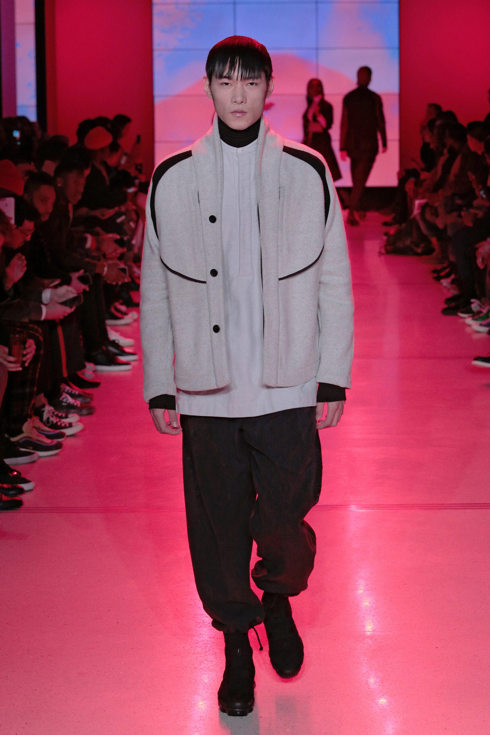 gray wool relaxed jacket with white top