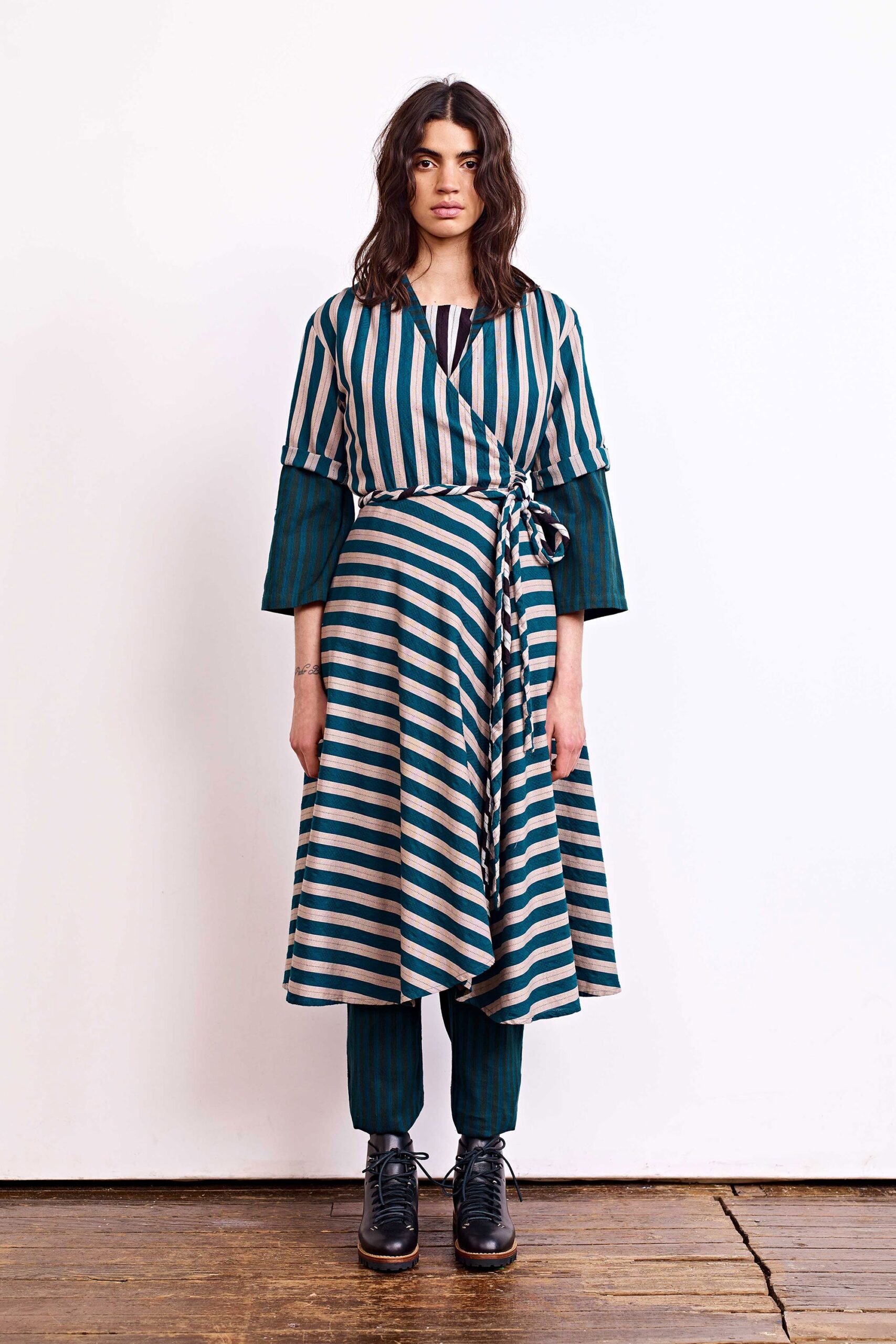 teal and beige striped dress