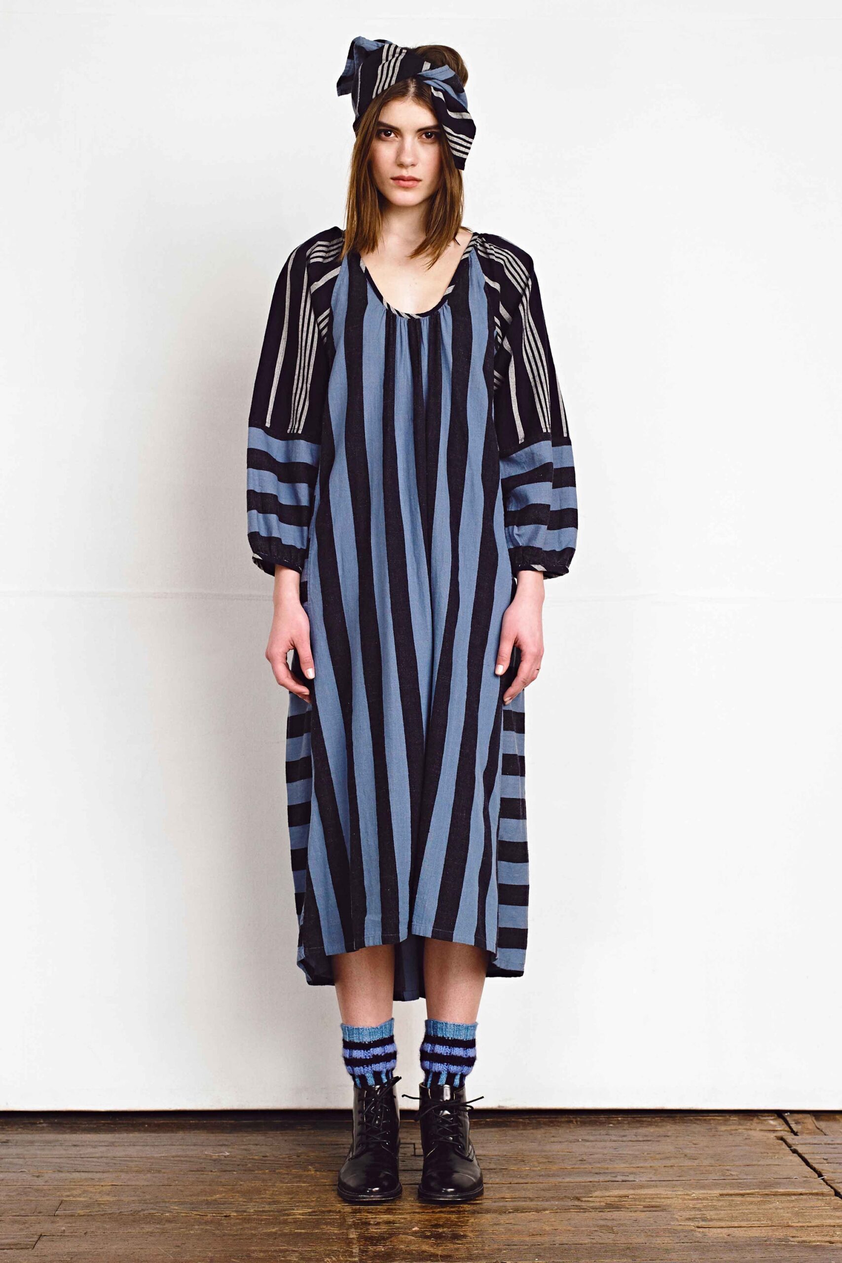 blue and black striped midi dress