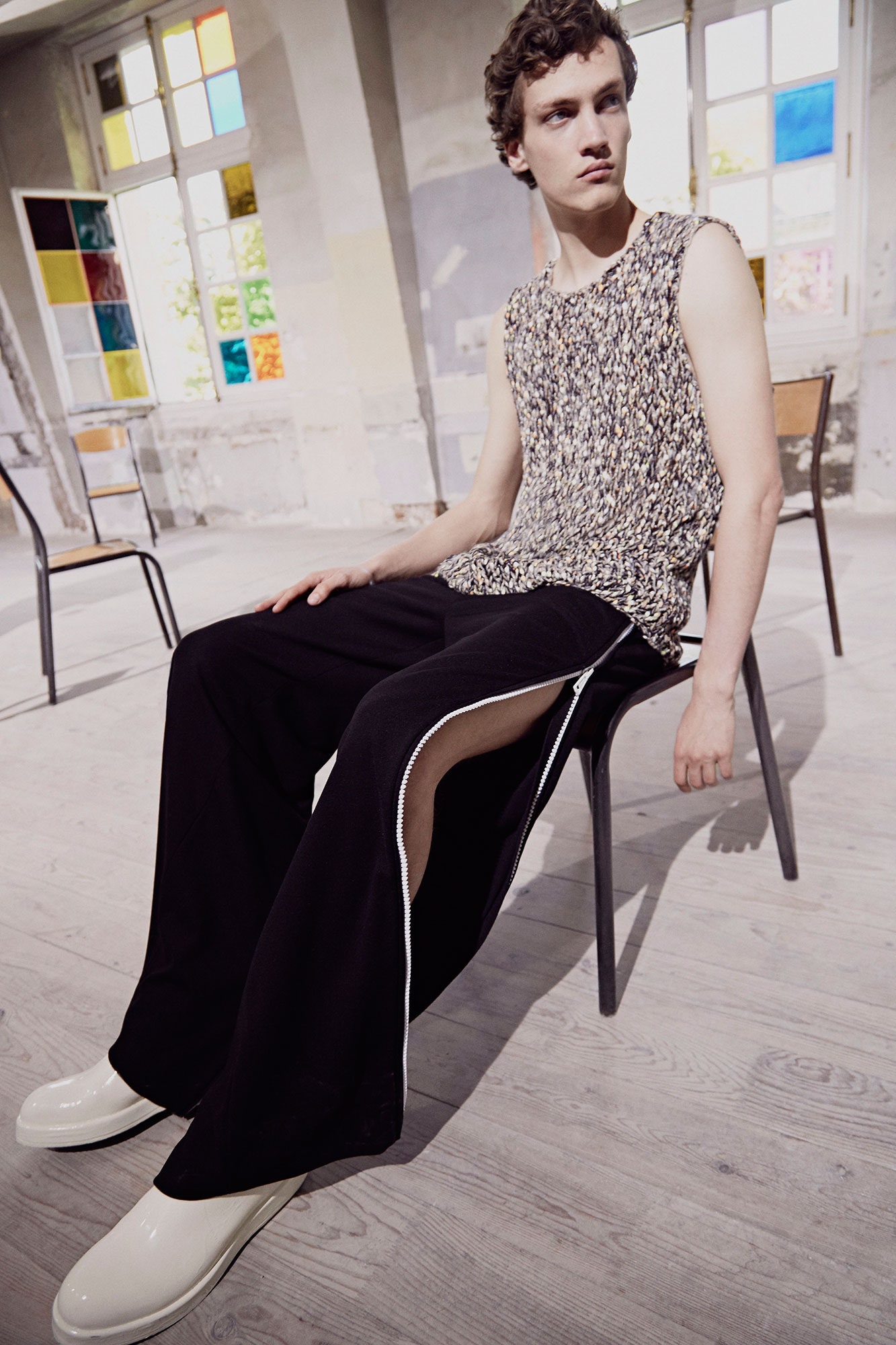 black cotton long-sleeve relaxed flared zippered pants