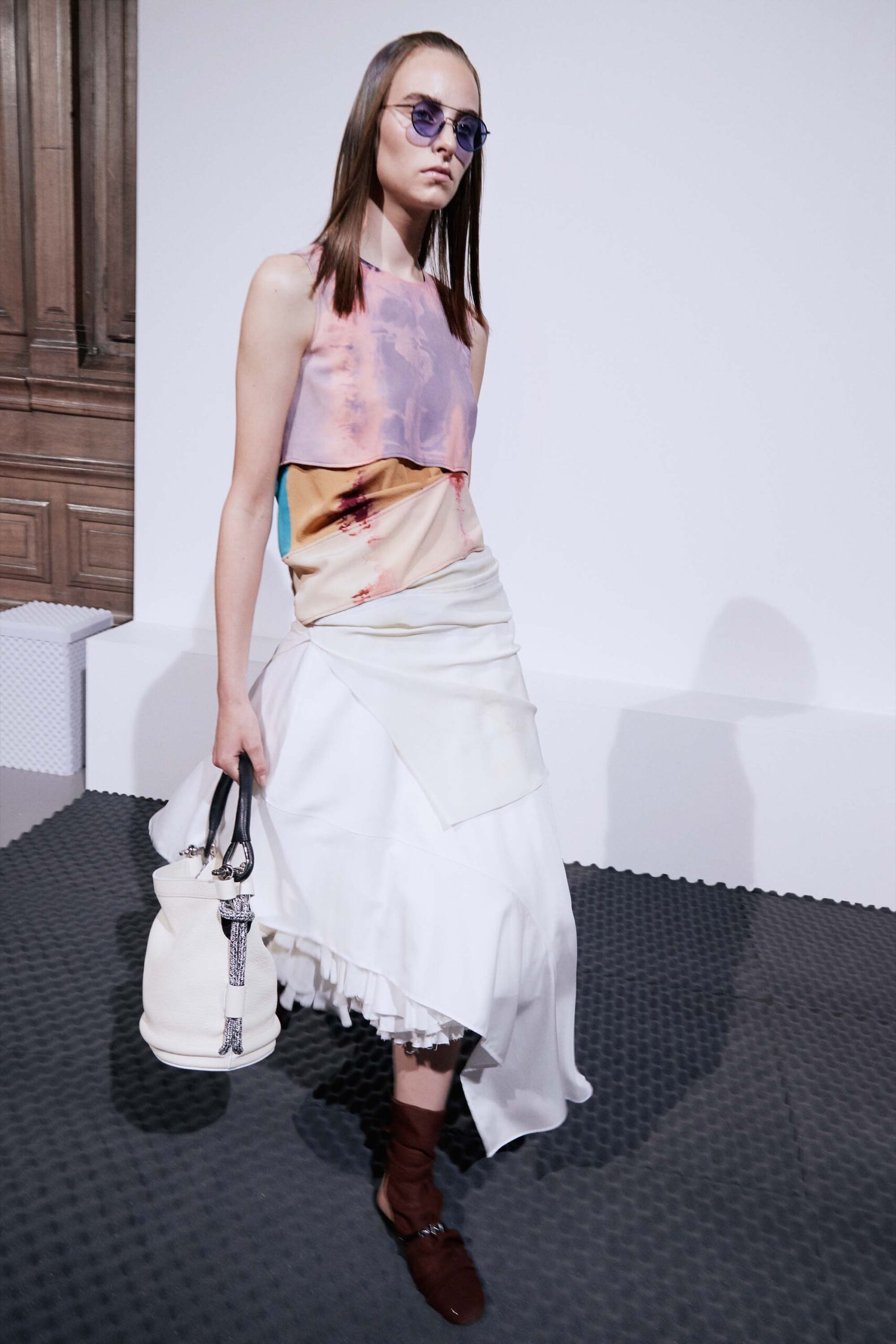 multi silk sleeveless high-neck fitted draped top