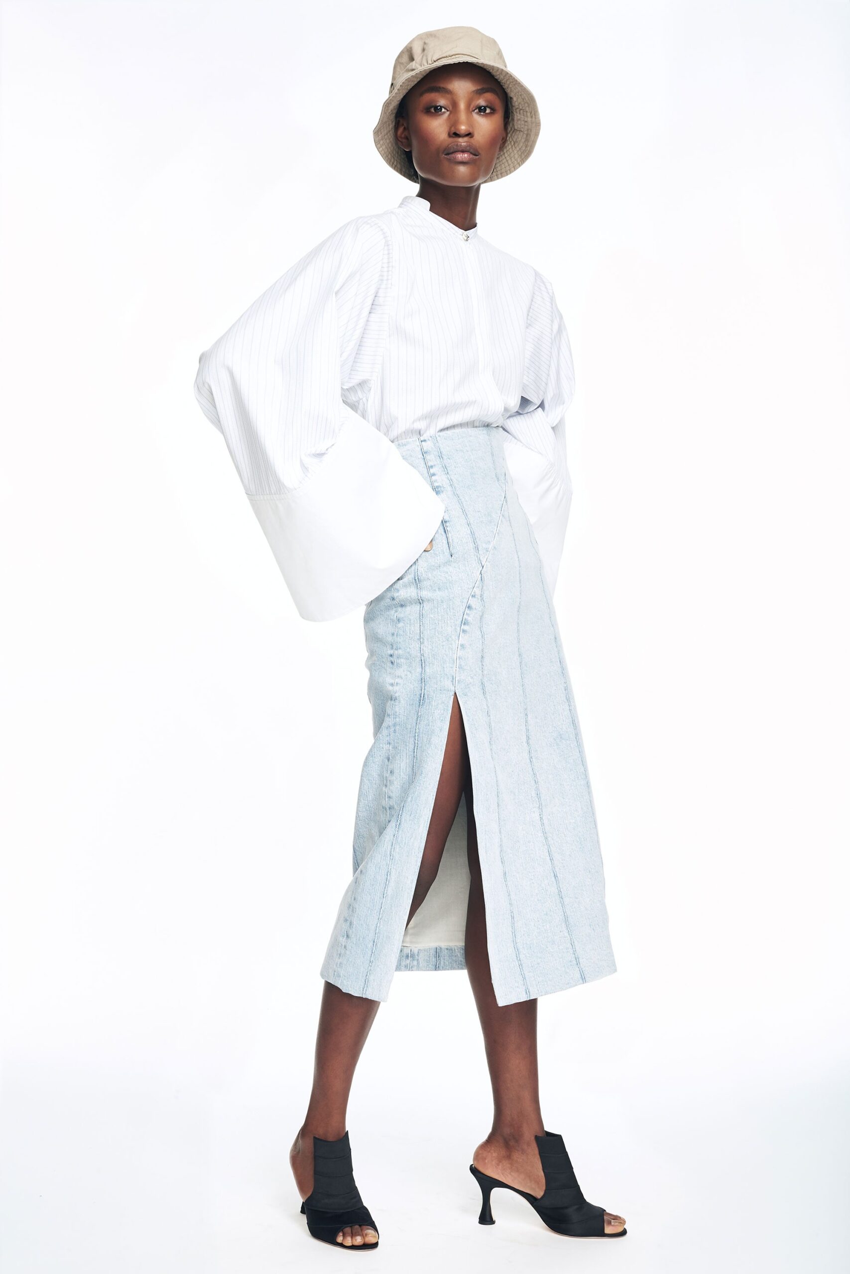 relaxed white blue shirt with denim skirt