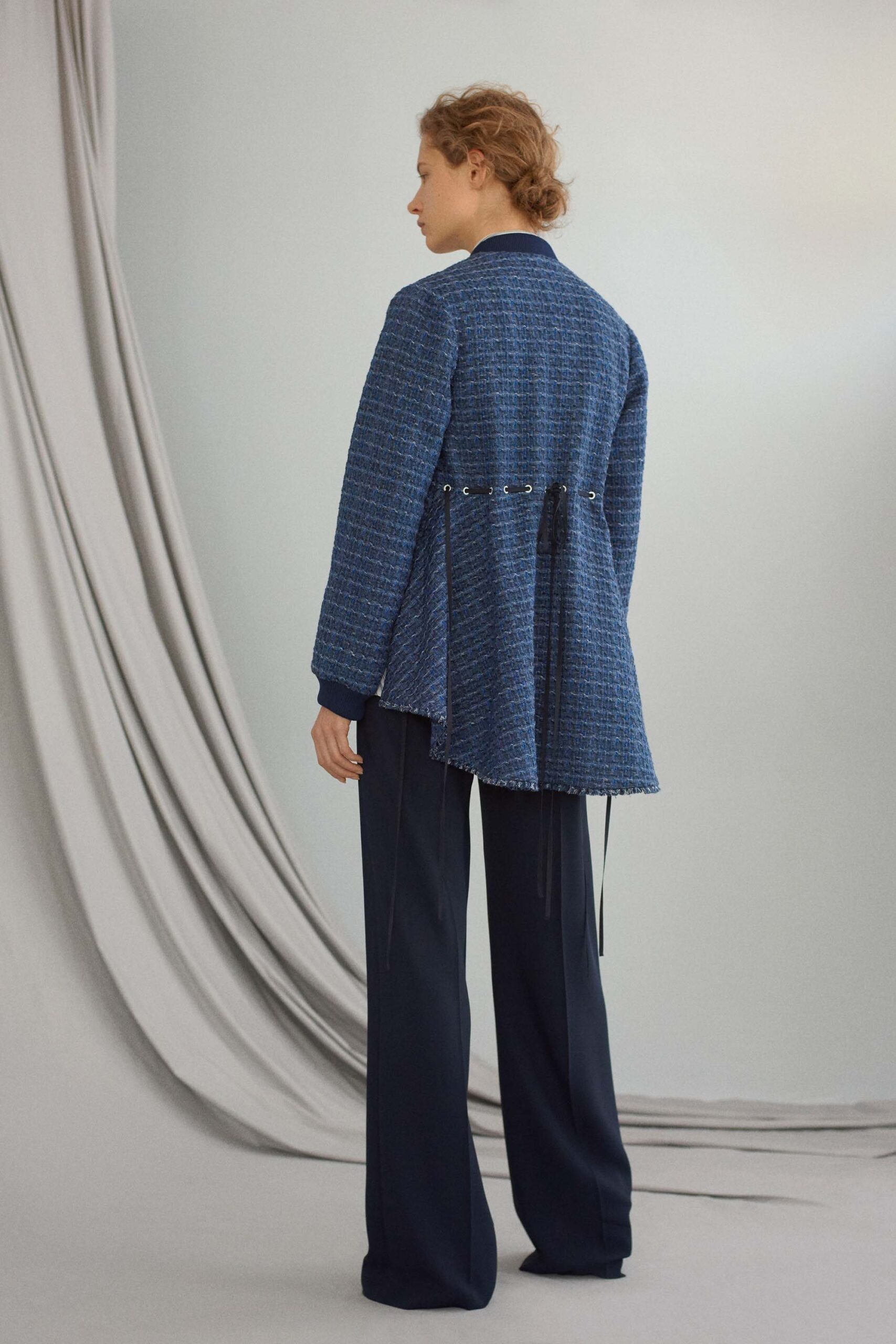 blue tweed long-sleeve collared relaxed buttoned layered jacket