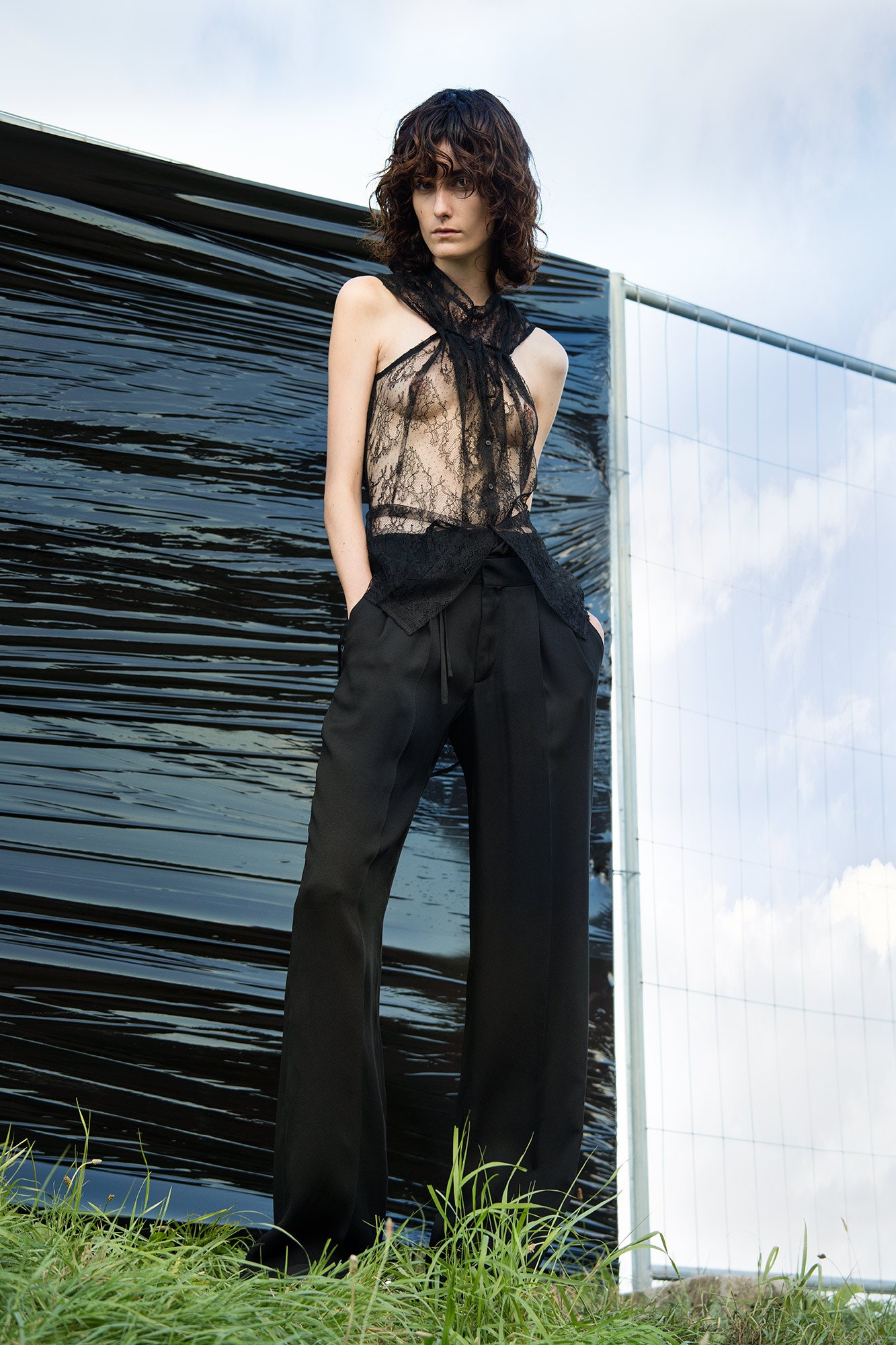 black lace sleeveless v-neck fitted sheer flowing top