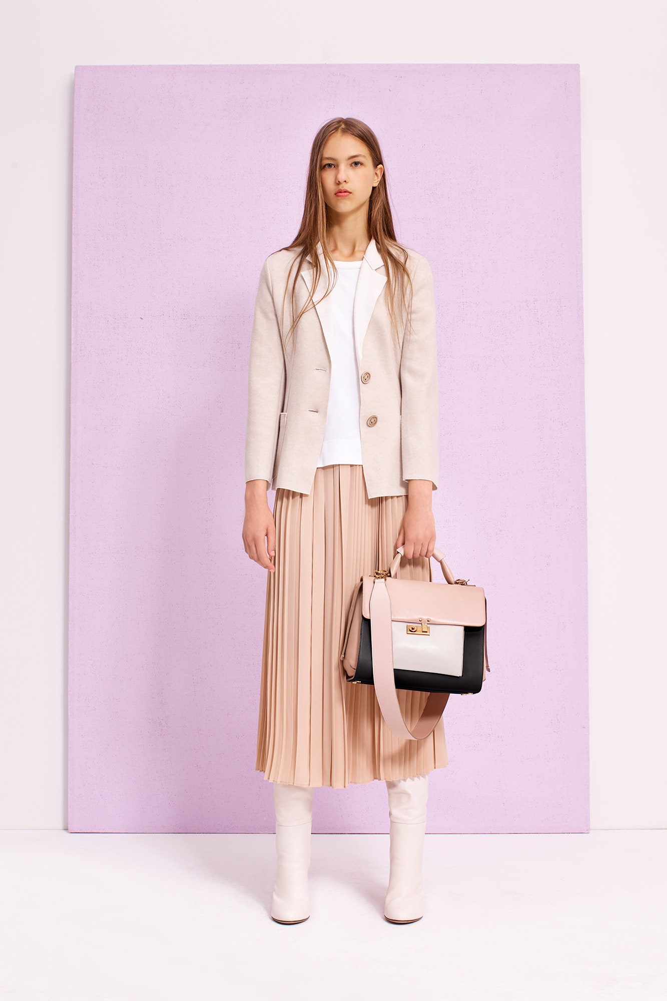 beige blazer white top pleated skirt