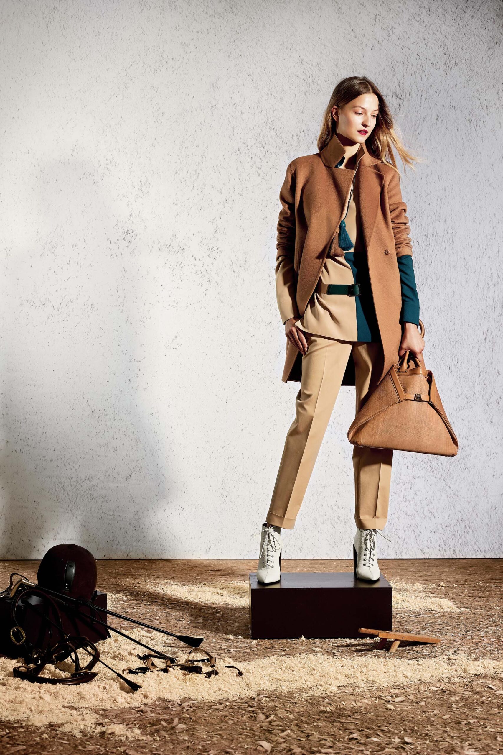 brown tailored blazer with beige pants