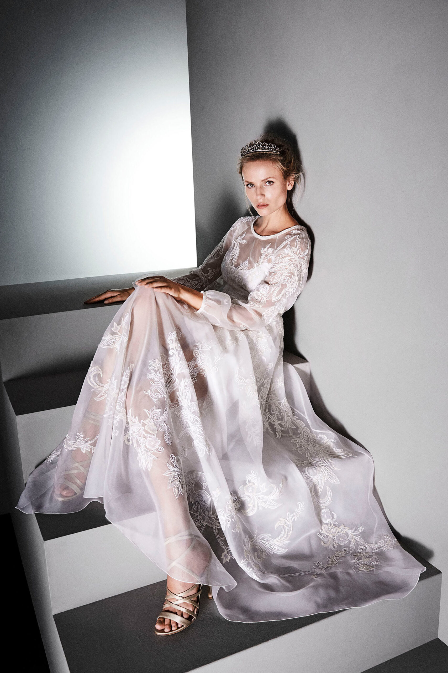 white silk embroidered gown