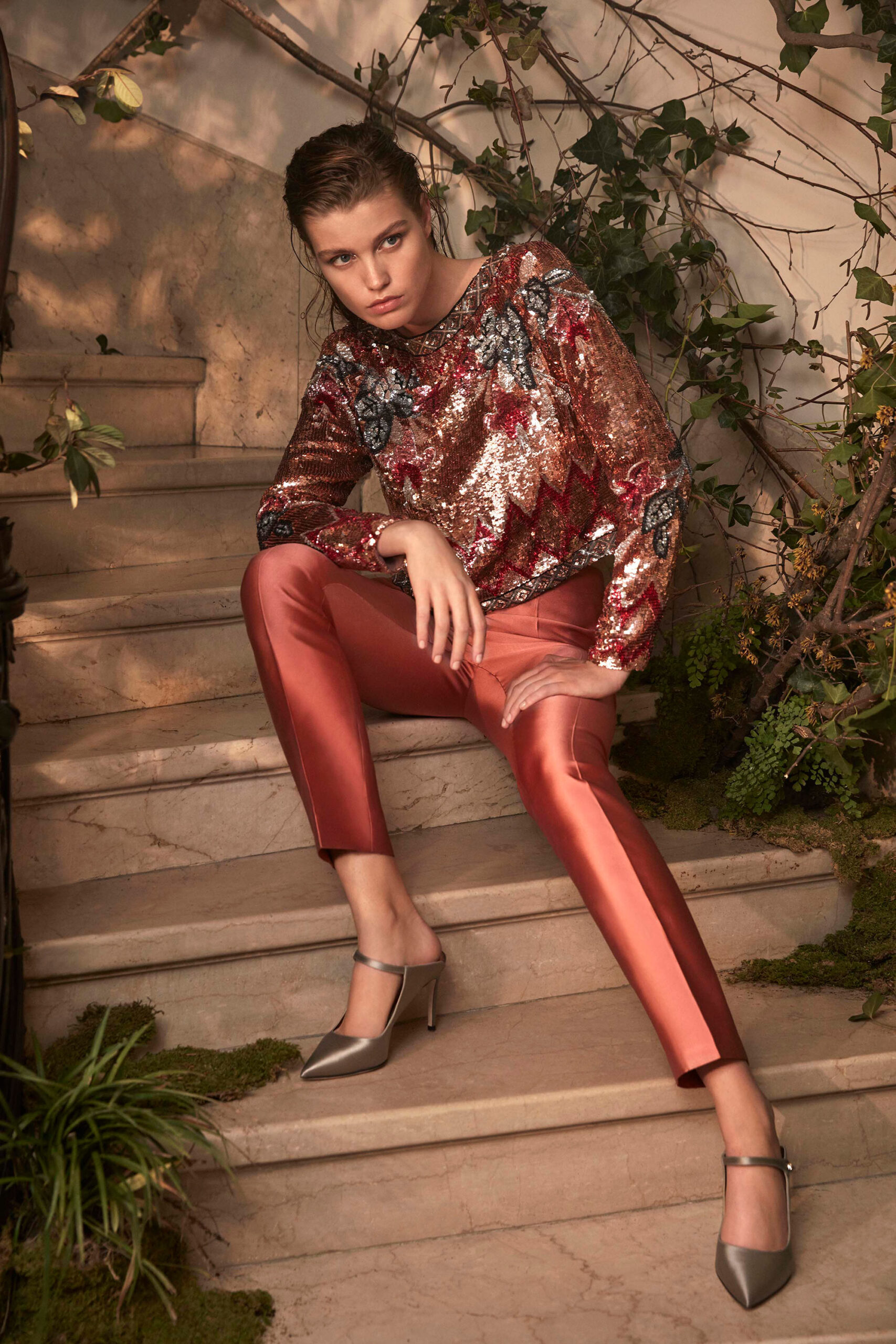 red sequin long-sleeve collared fitted layered shiny top