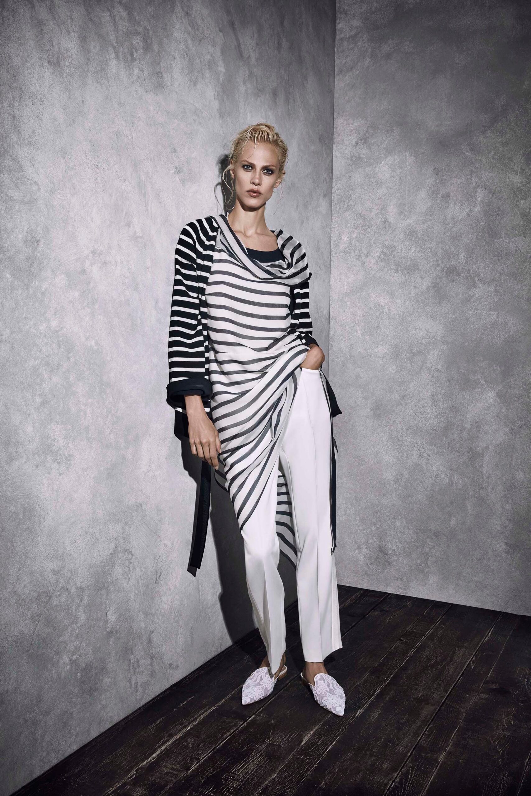 relaxed striped top with tailored pants