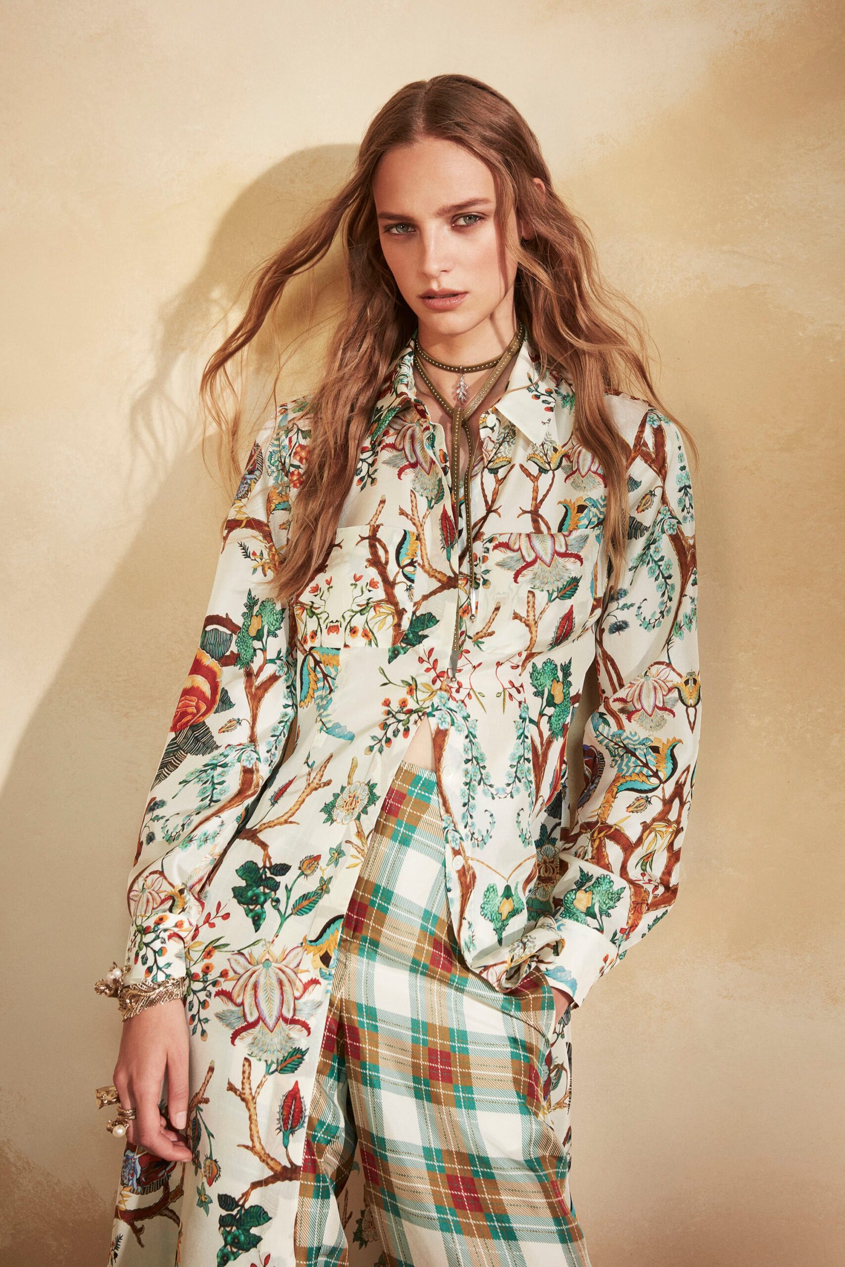 floral silk shirt with checked pants