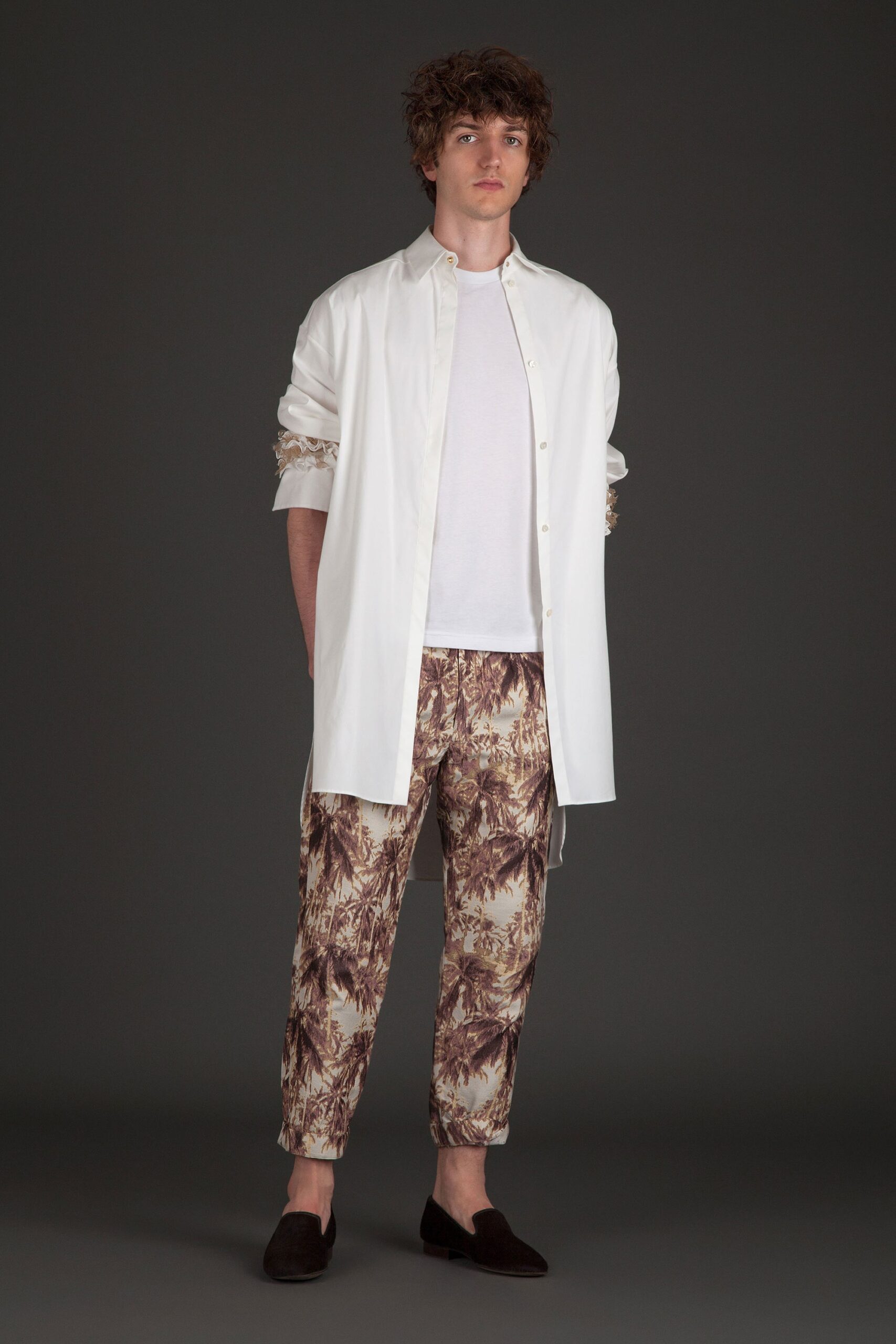 white shirt with printed pants