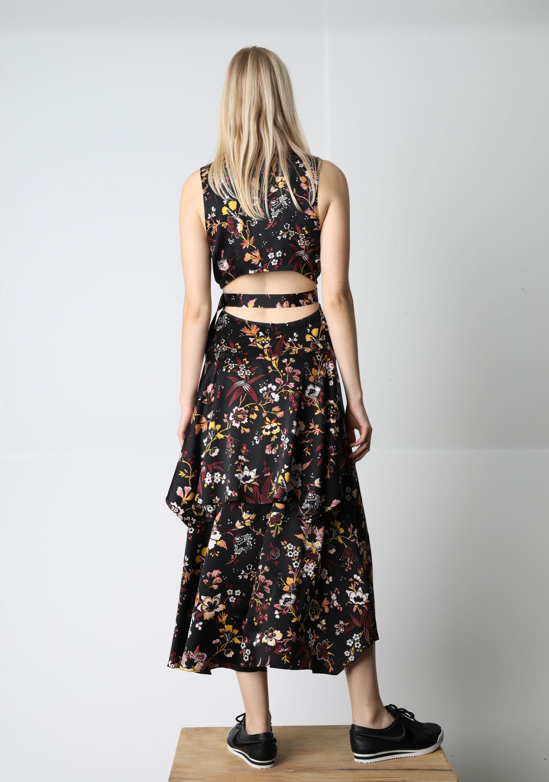 black floral crop-top and midi skirt