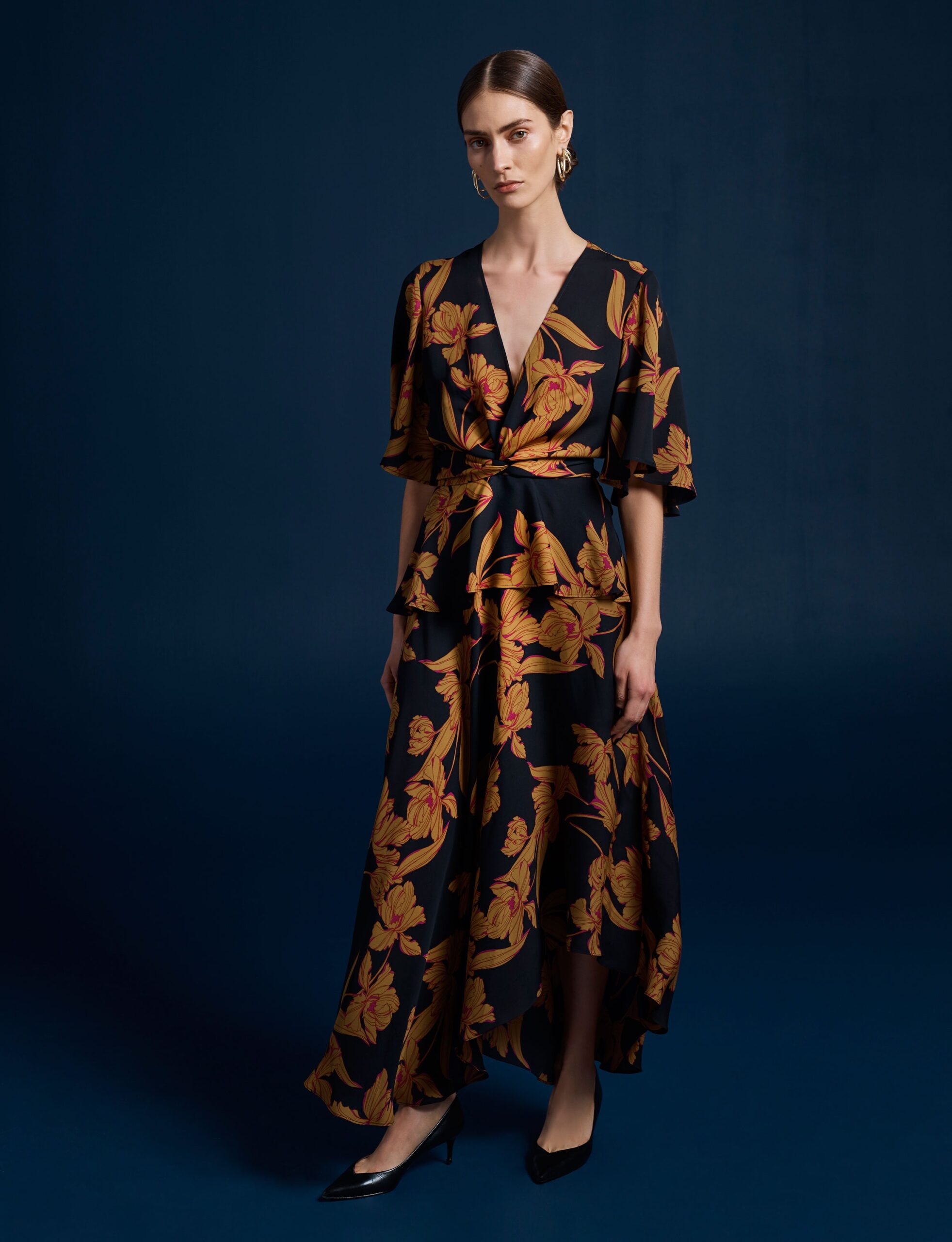 black and gold floral maxi dress