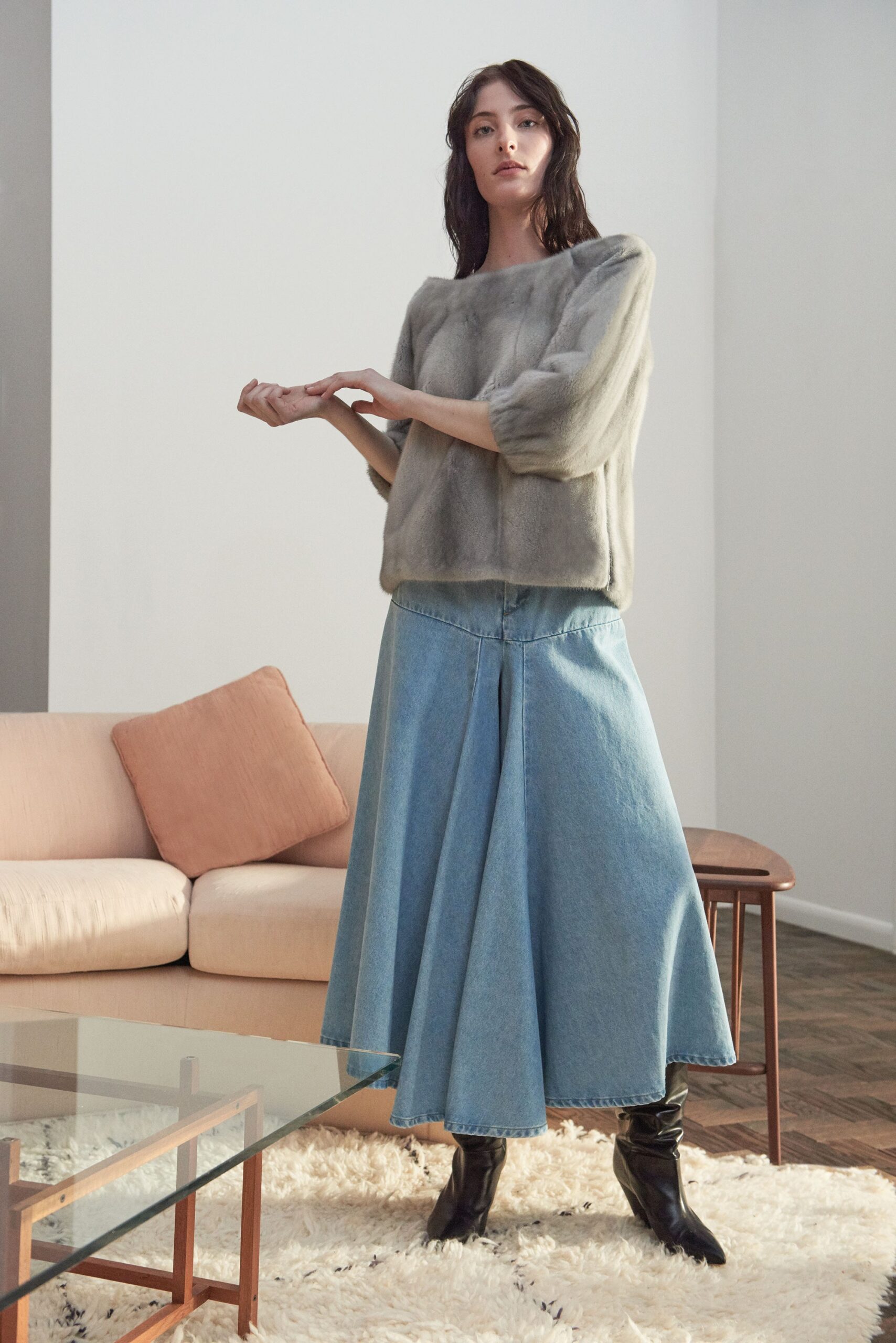 gray fur long-sleeve scoop-neck relaxed padded top