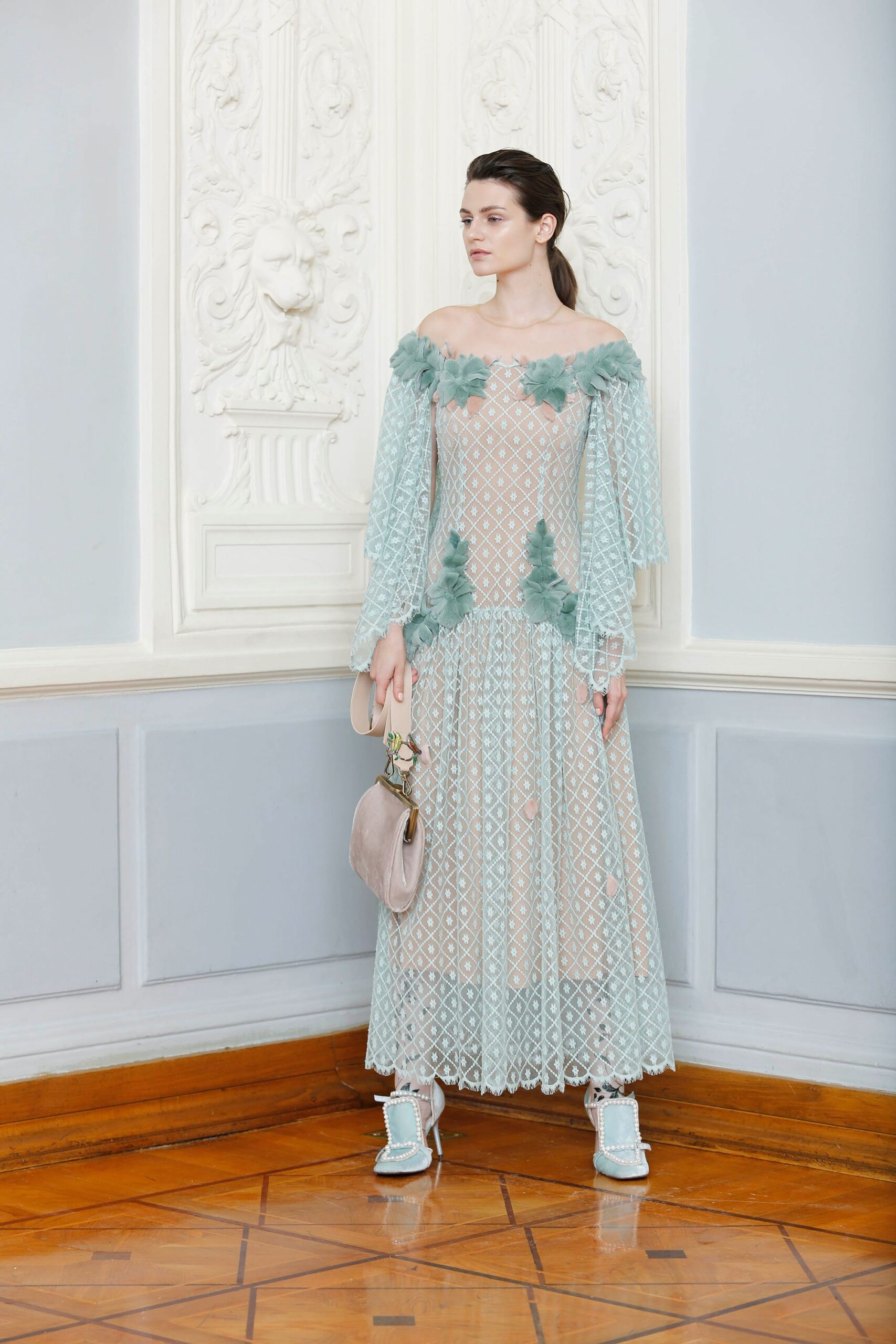 green lace long-sleeve off-shoulder fitted embroidered tiered dress