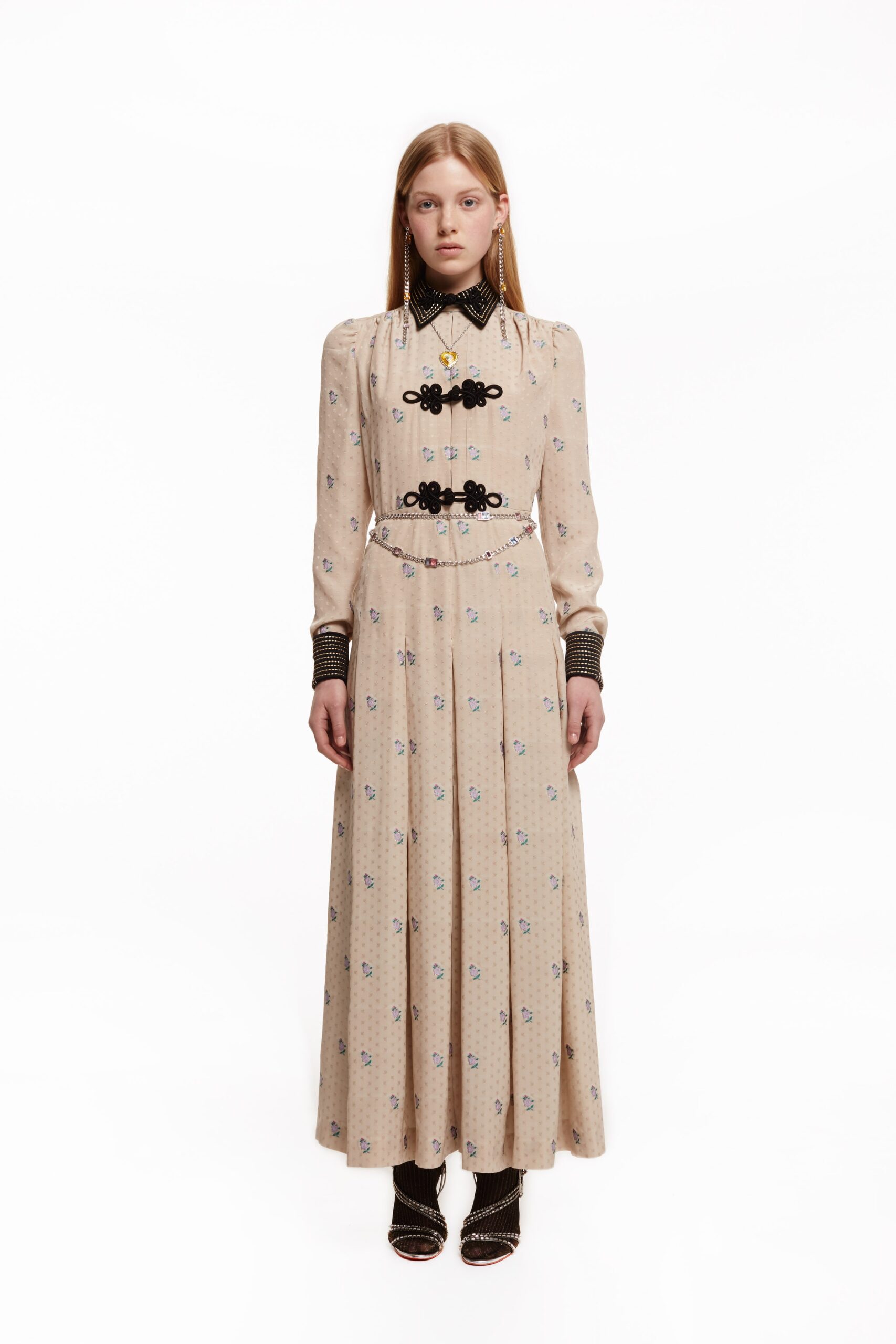 beige embroidered long-sleeve dress
