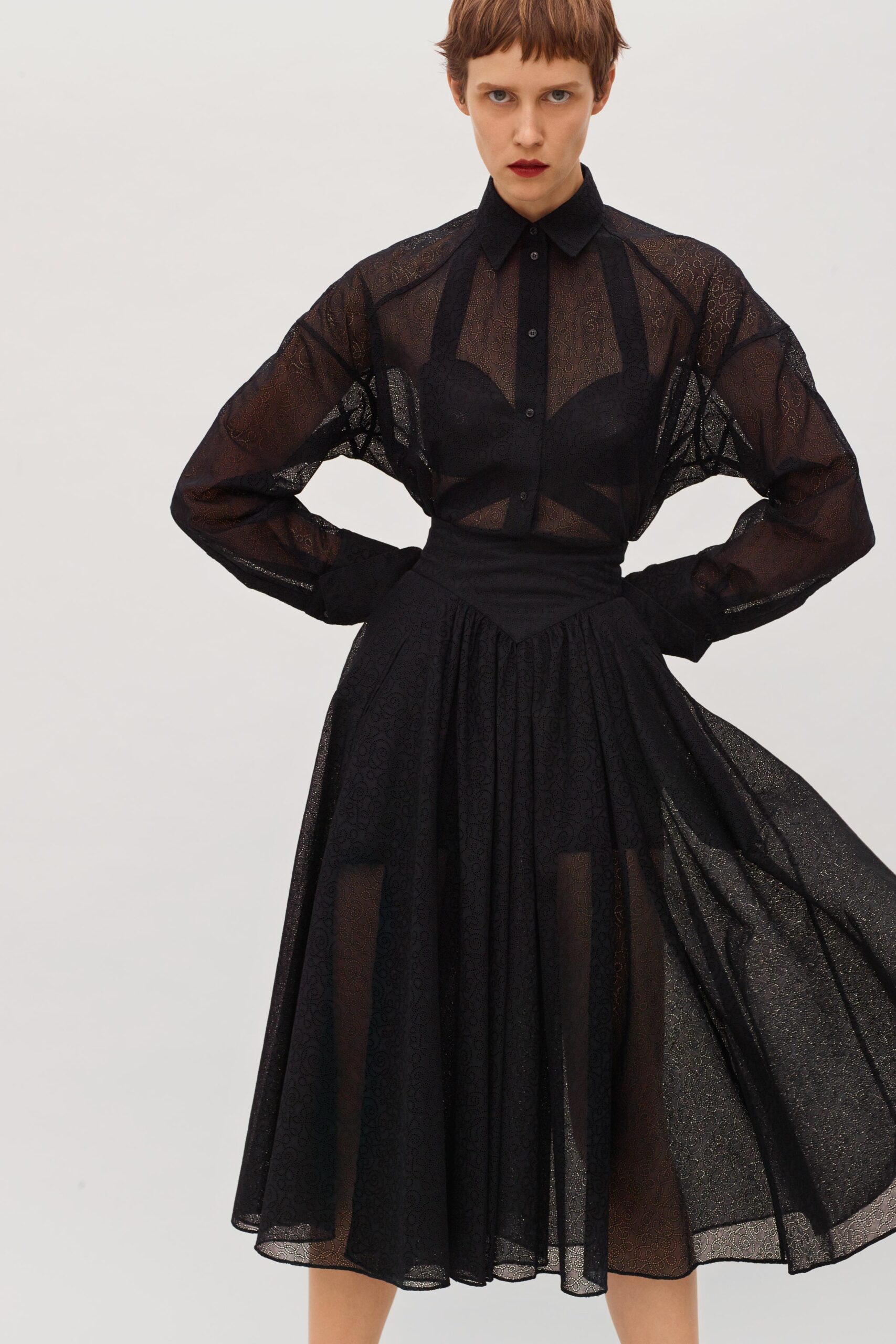 black sheer pleated dress