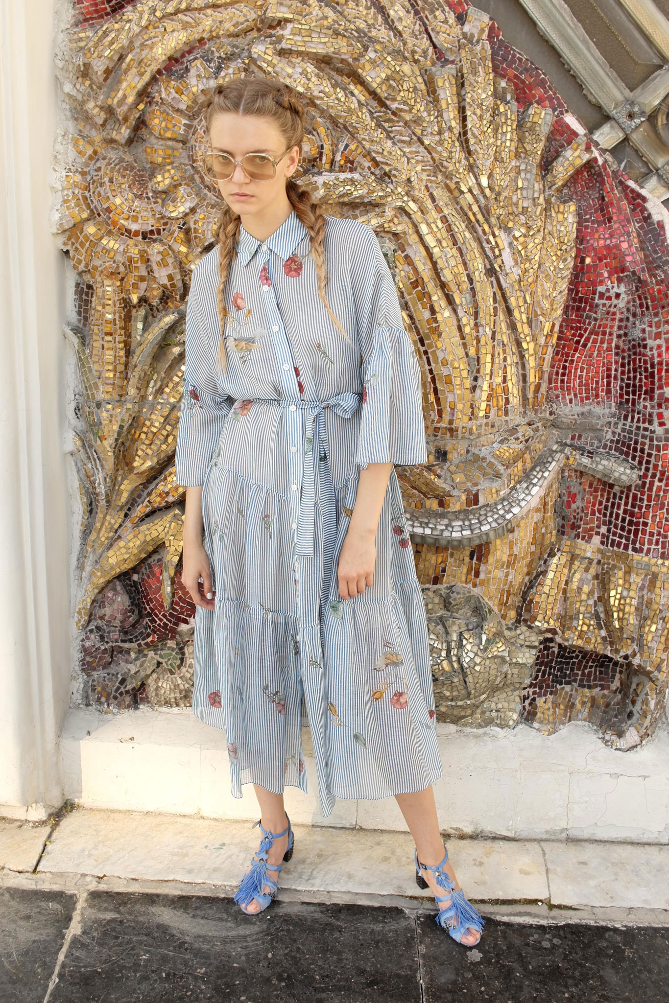 blue and white embroidered midi dress