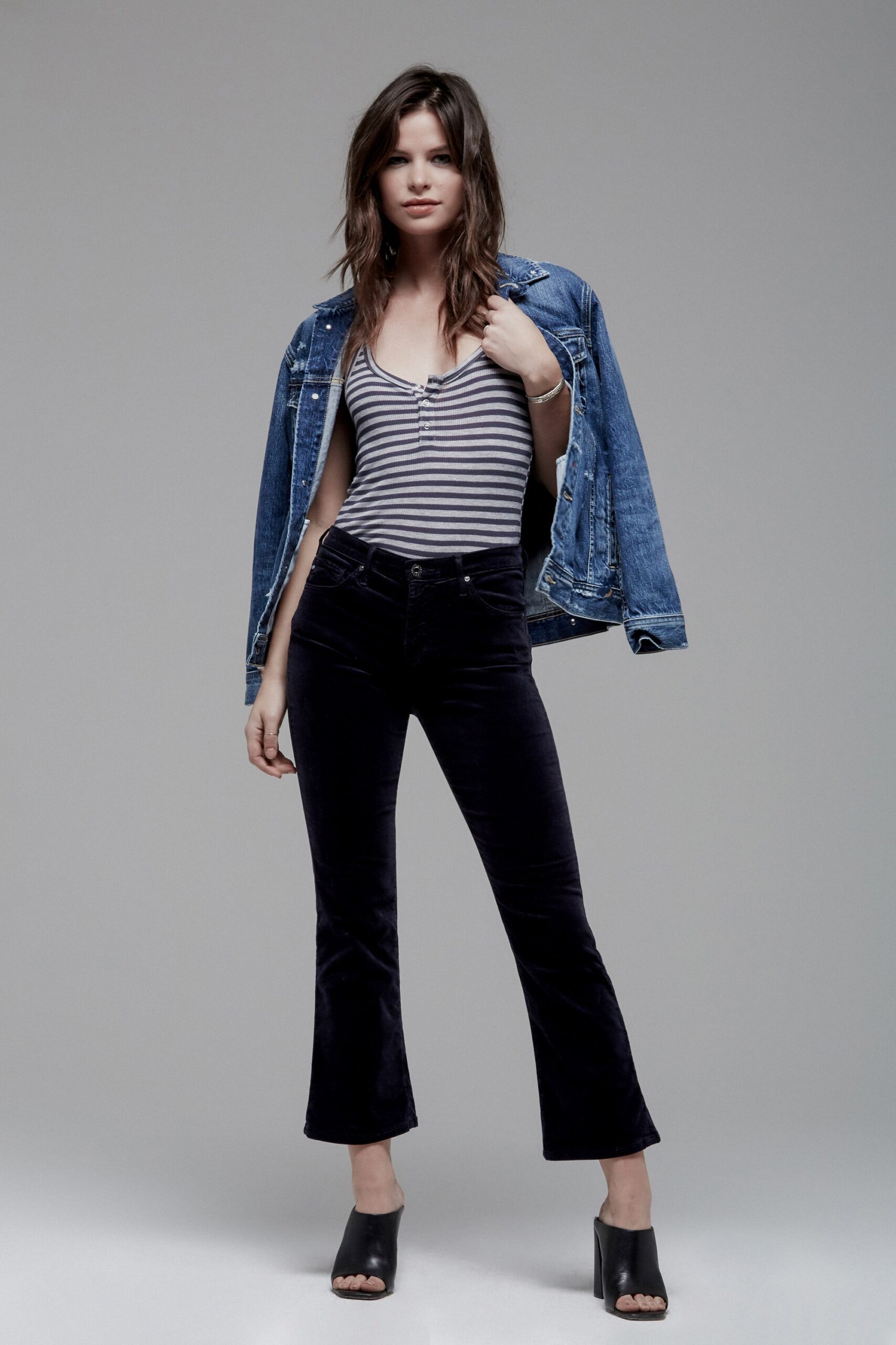 denim jacket gray bodysuit black pants