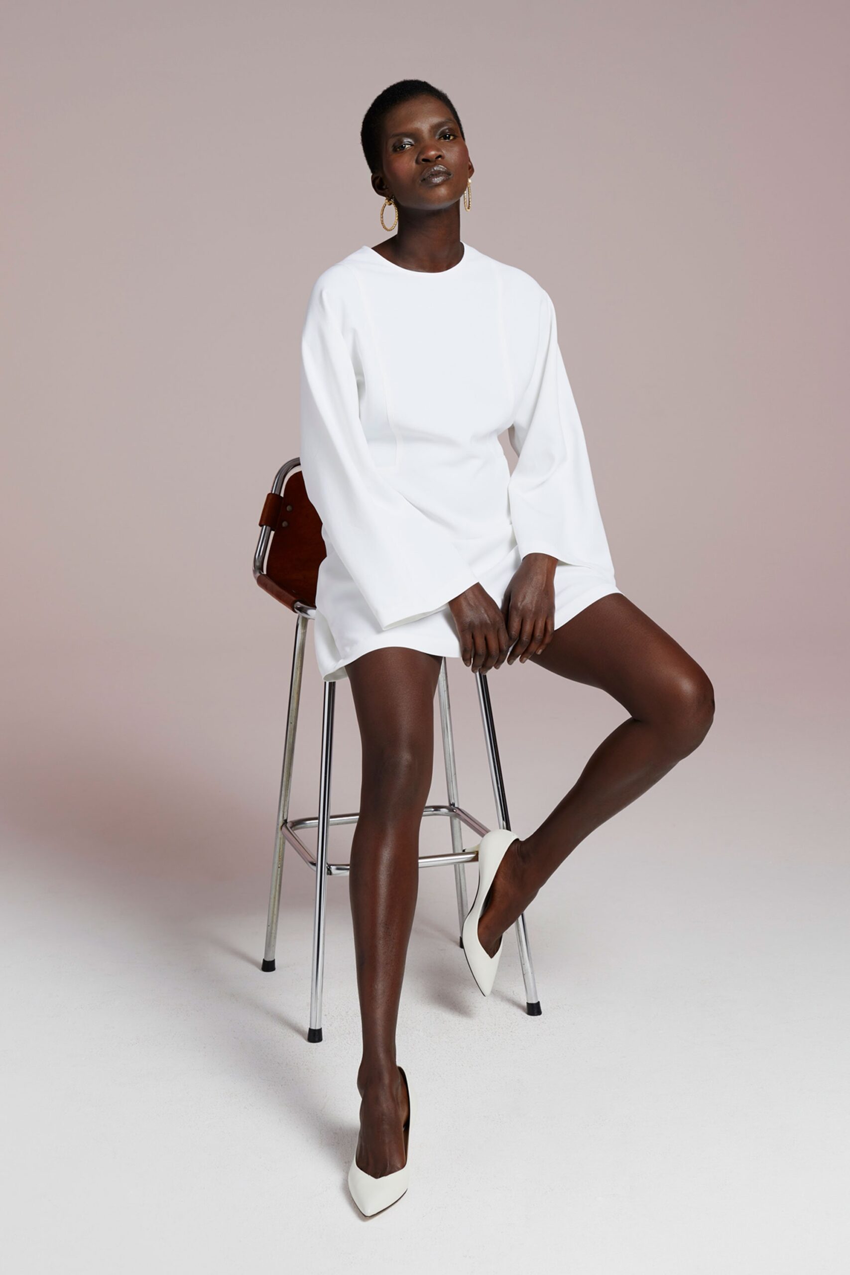 white cotton long-sleeve high-neck fitted straight-leg mini dress
