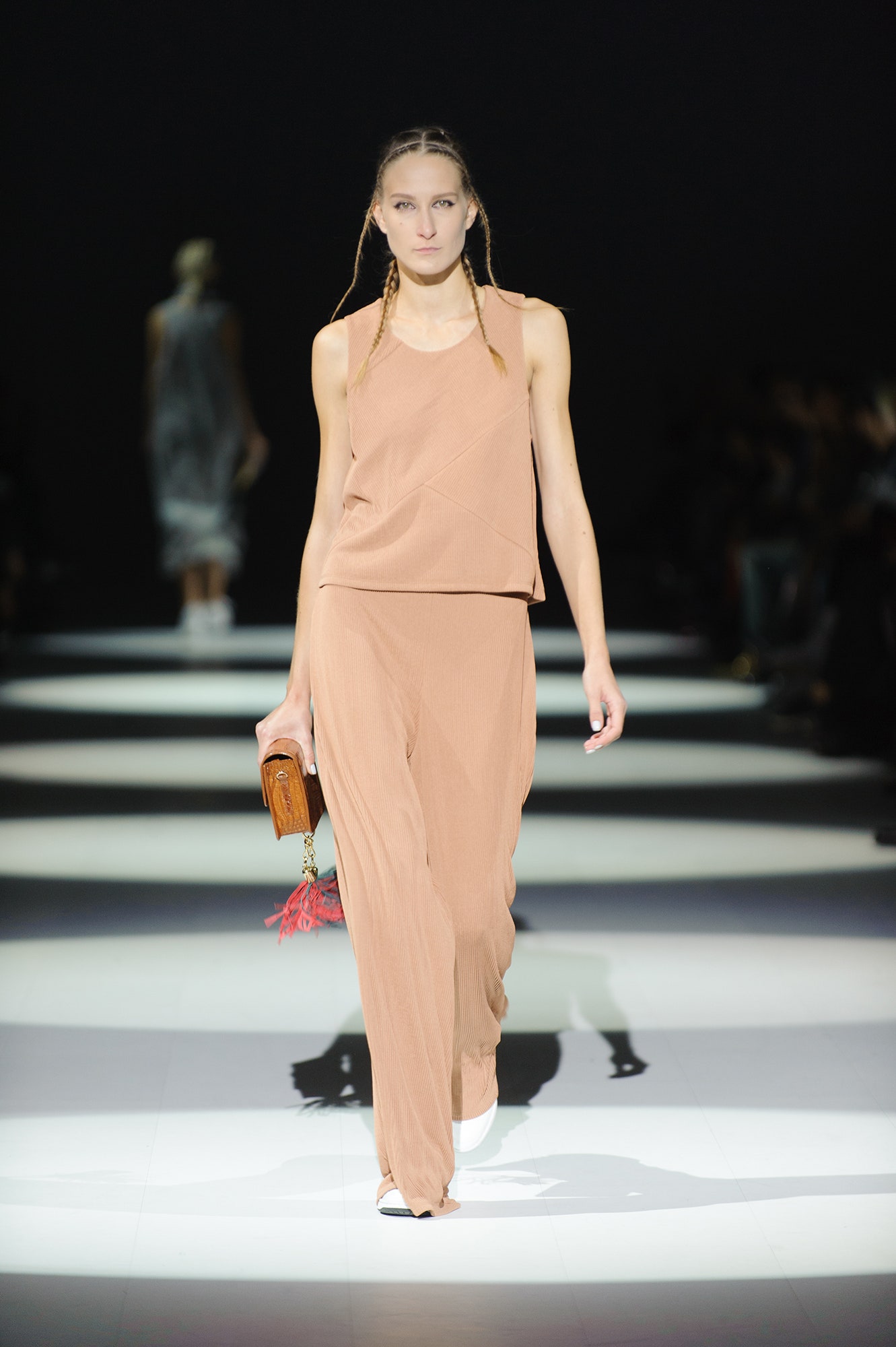 beige silk fitted top and pants