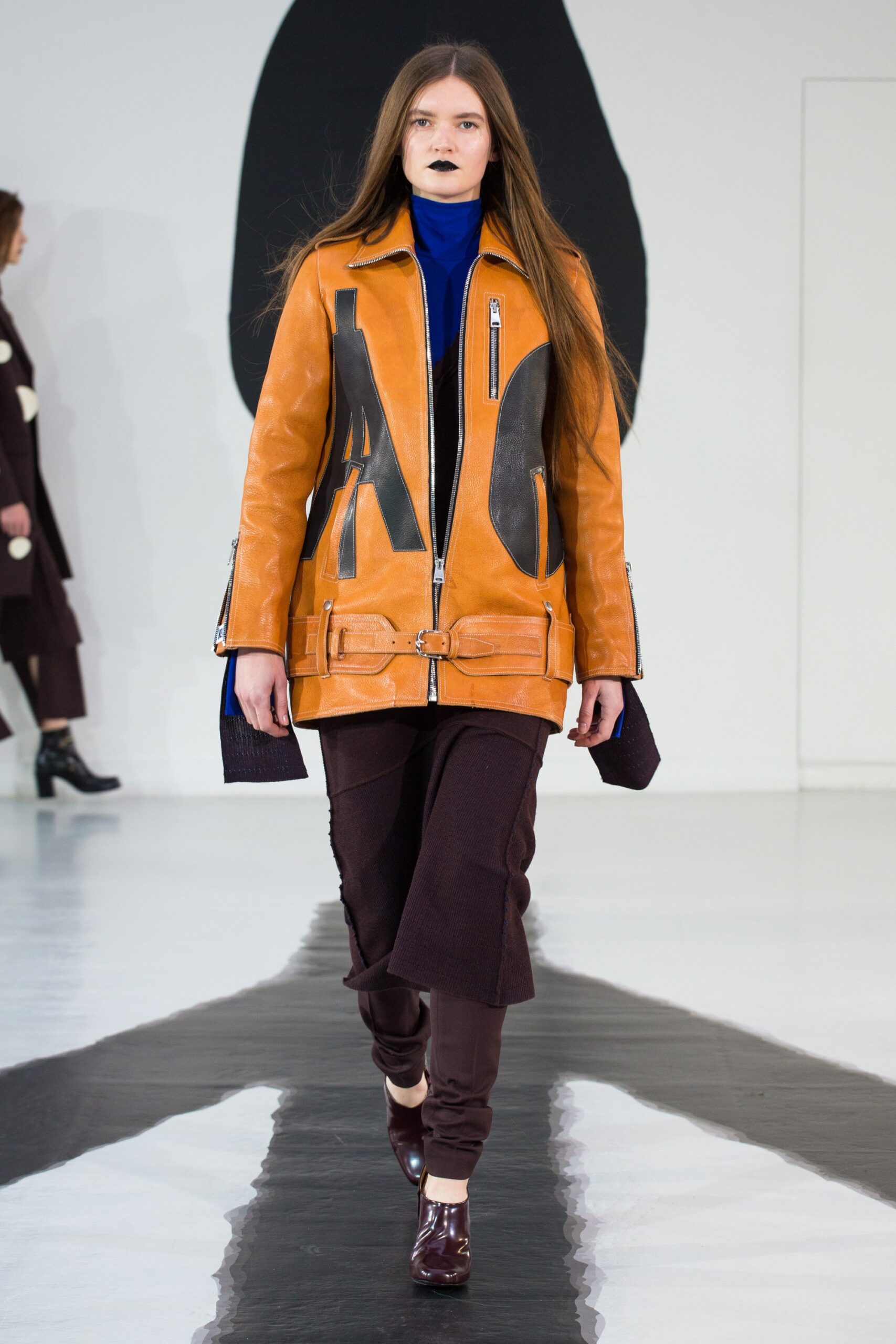 orange leather long-sleeve collared fitted zippered color-blocked jacket