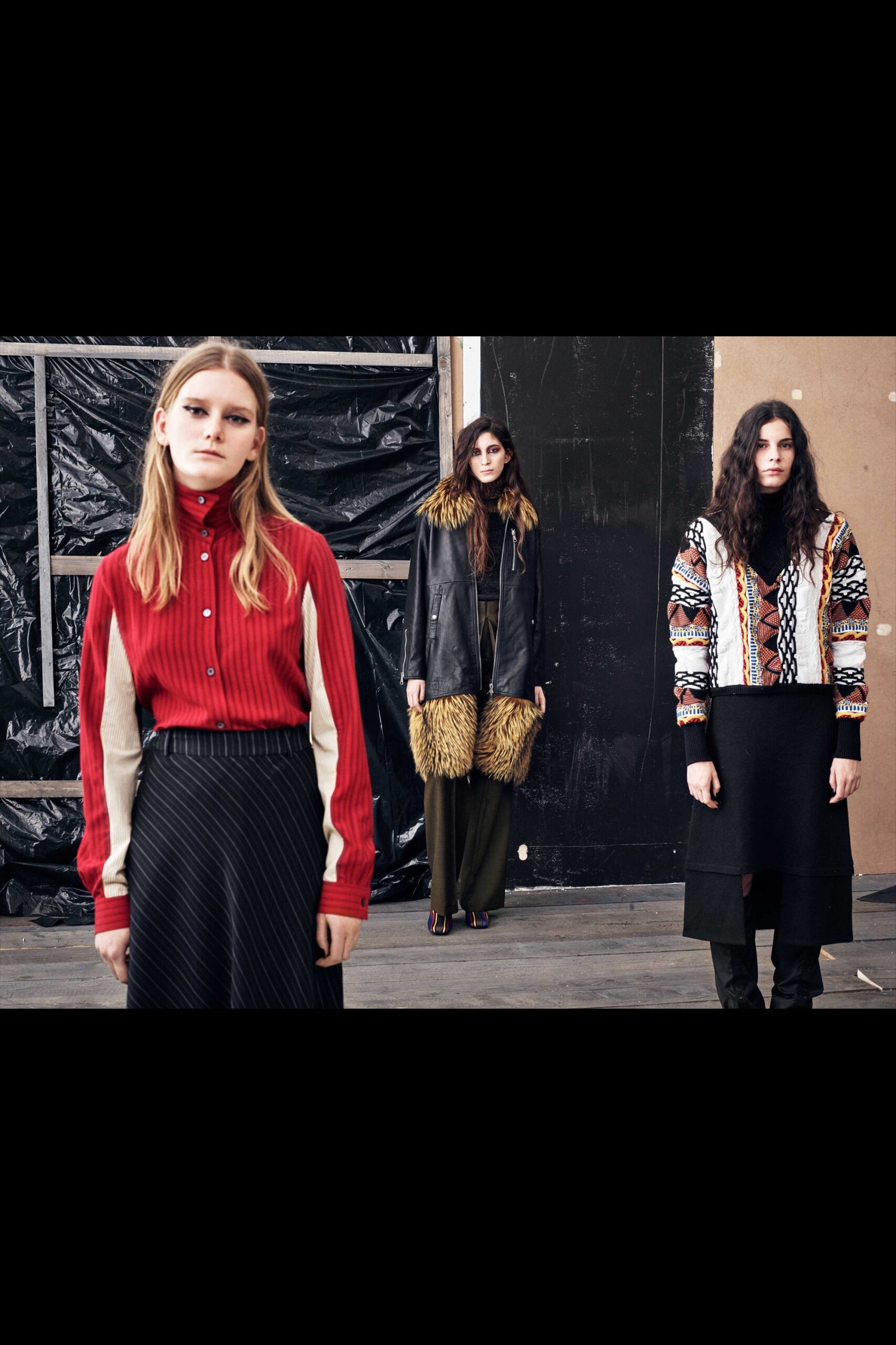 red fitted shirt with black skirt
