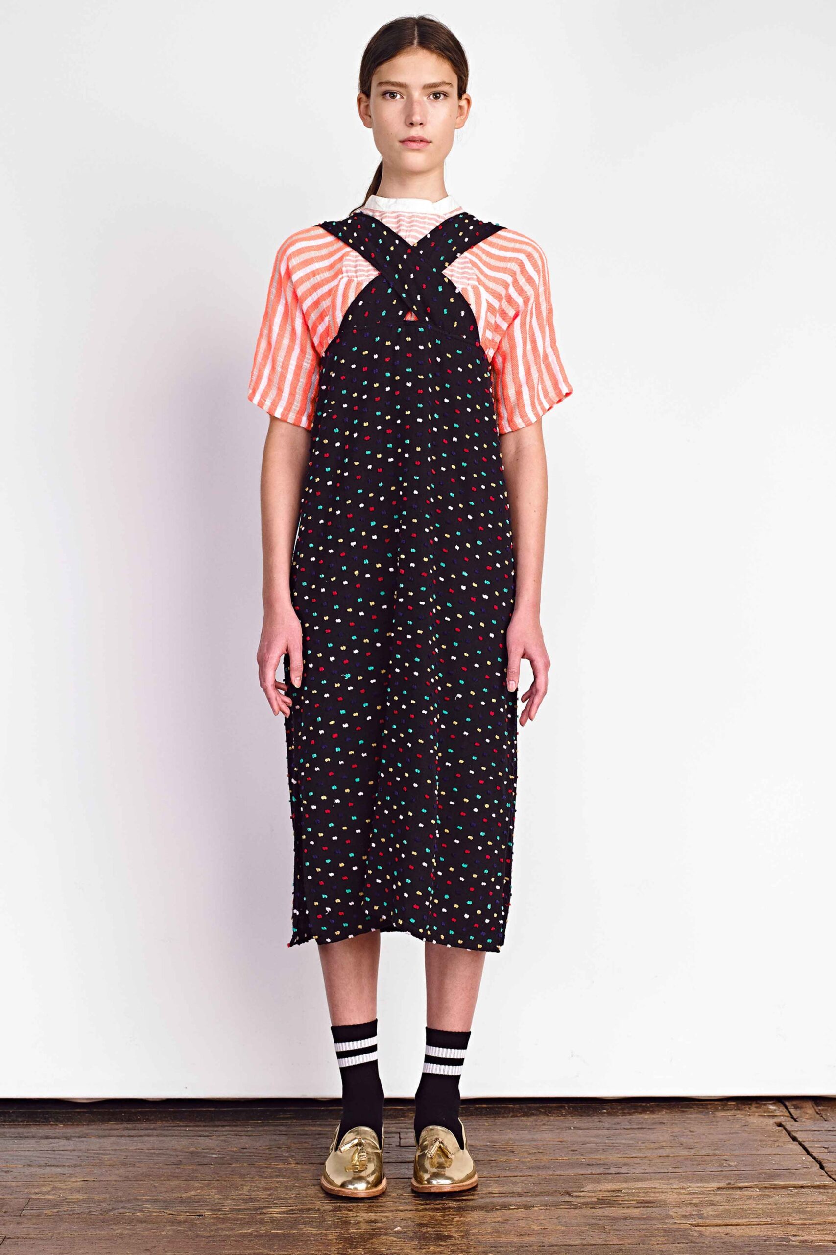 orange cotton short-sleeve collared fitted striped top