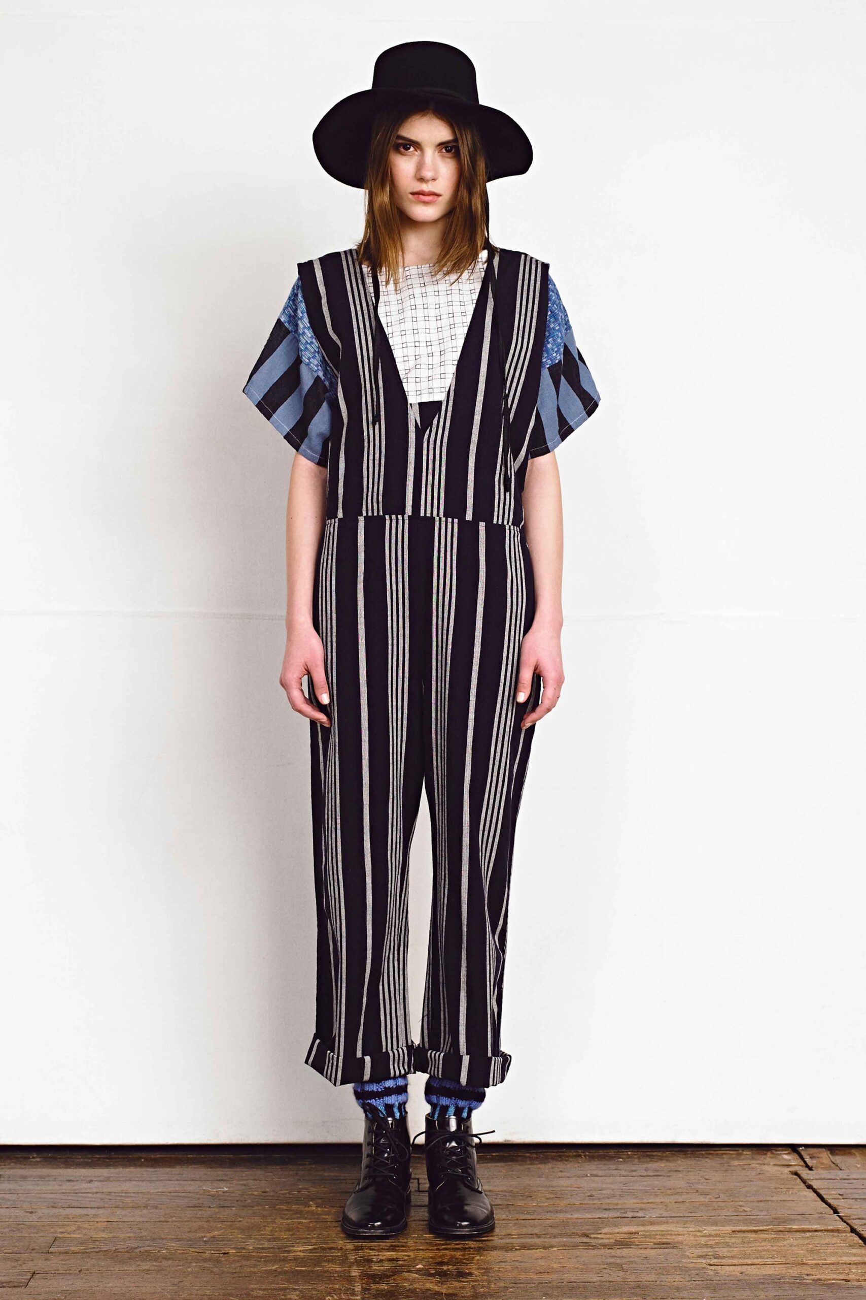 black and white striped jumpsuit with hat