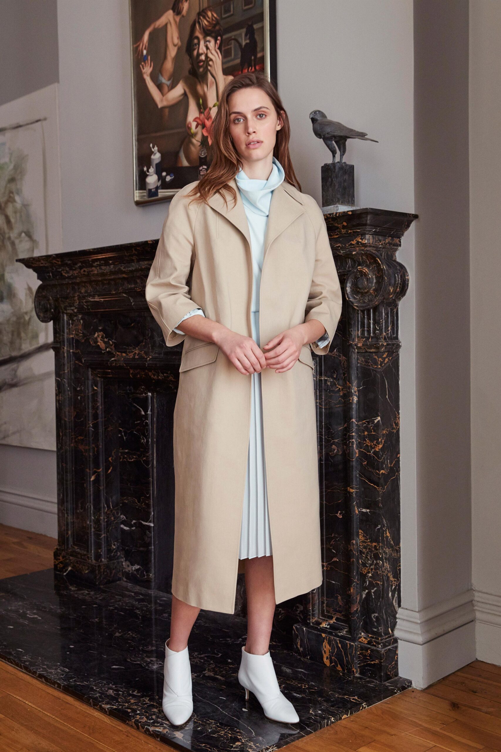 beige cotton long-sleeve collared relaxed buttoned midi coat
