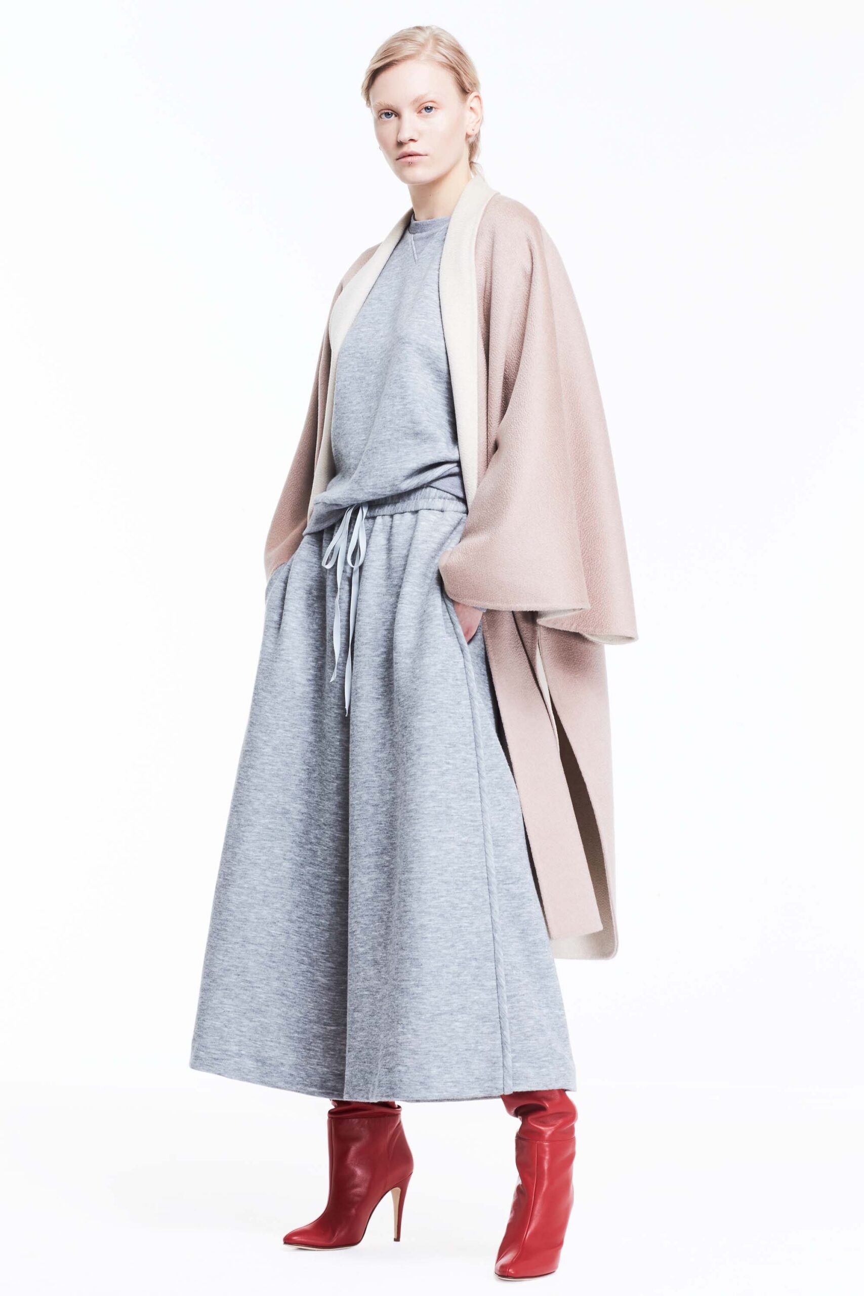 beige wool coat with gray outfit