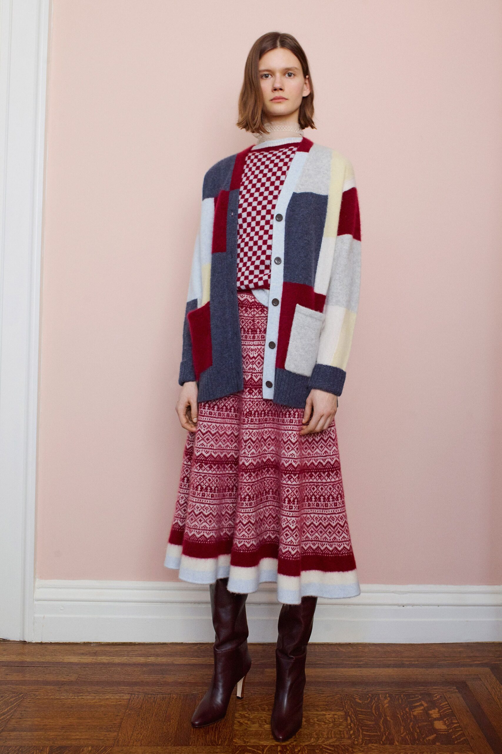 color-blocked cardigan with midi skirt