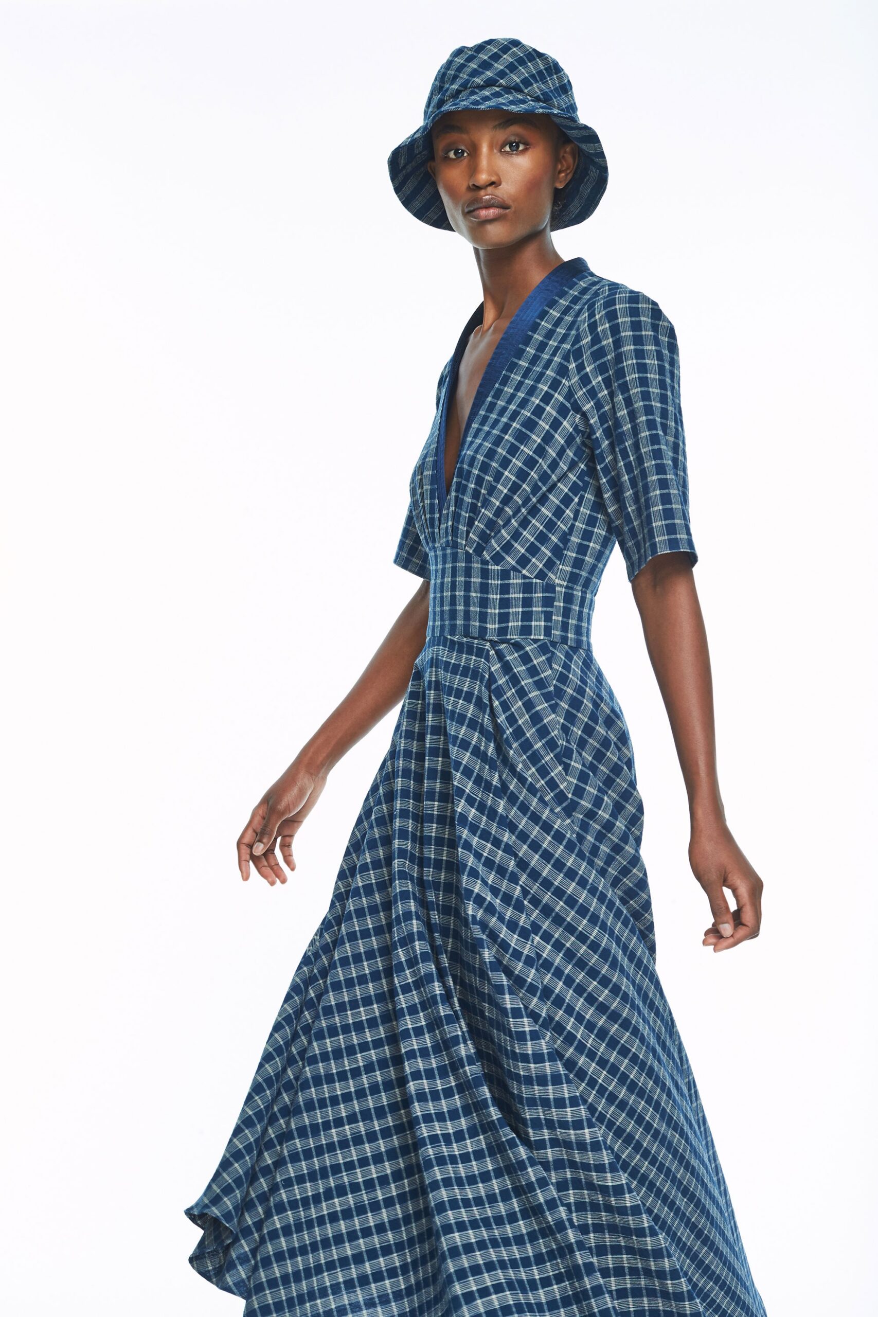 blue cotton structured checked hat