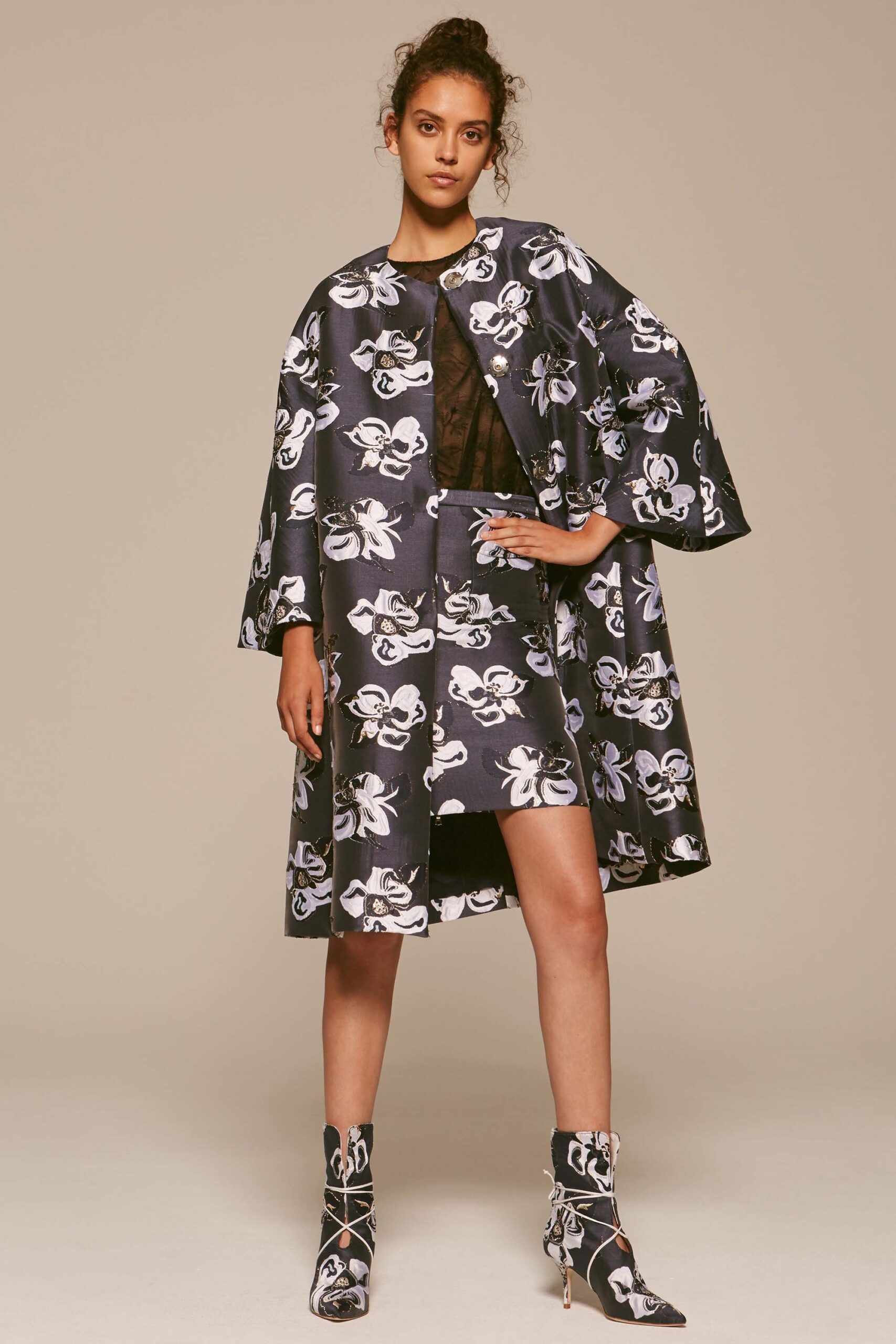 black silk long-sleeve relaxed floral cape